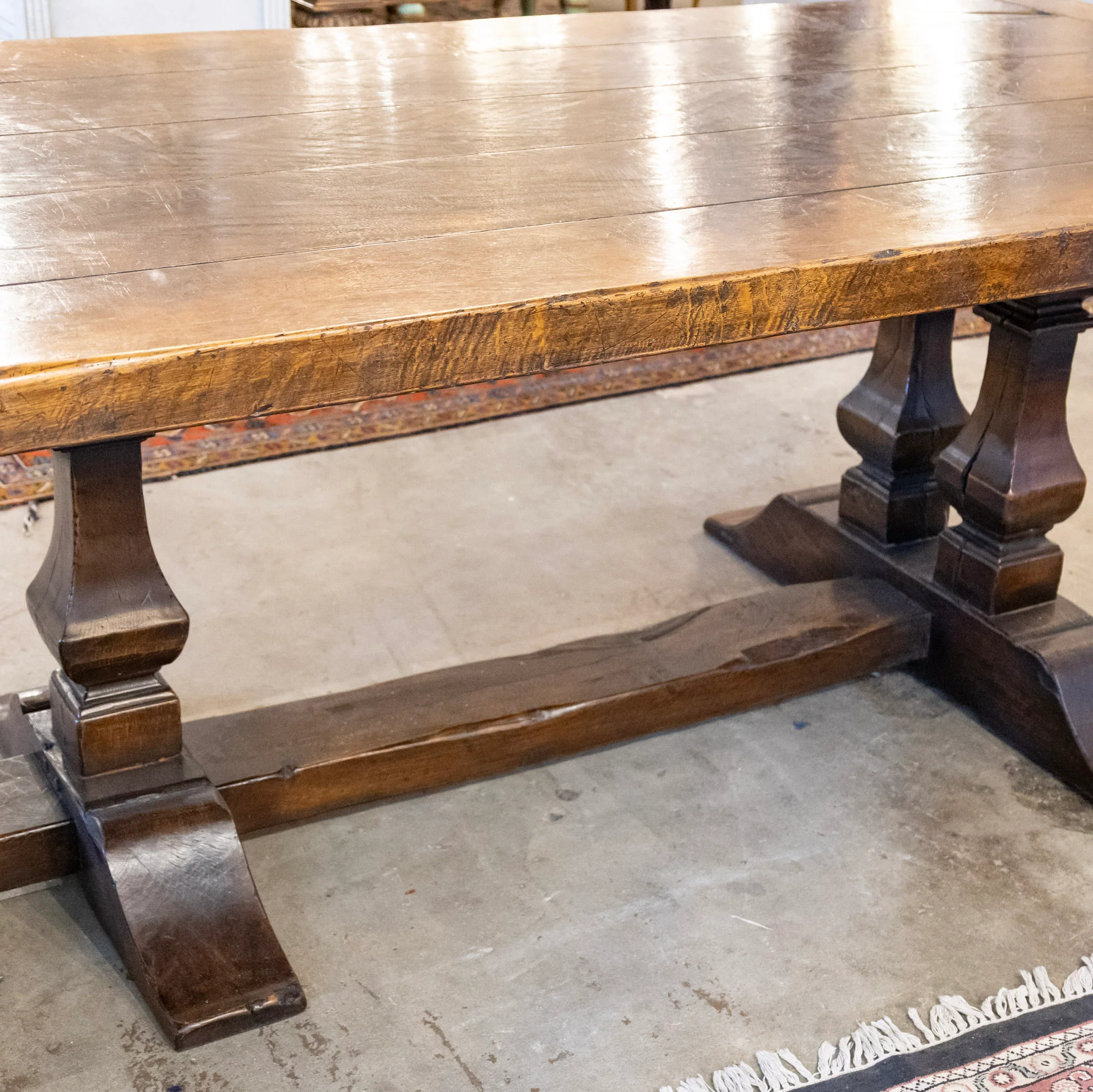 Farmhouse Dining Table – Rustic Dark Wood With Trestle Base - Image 8