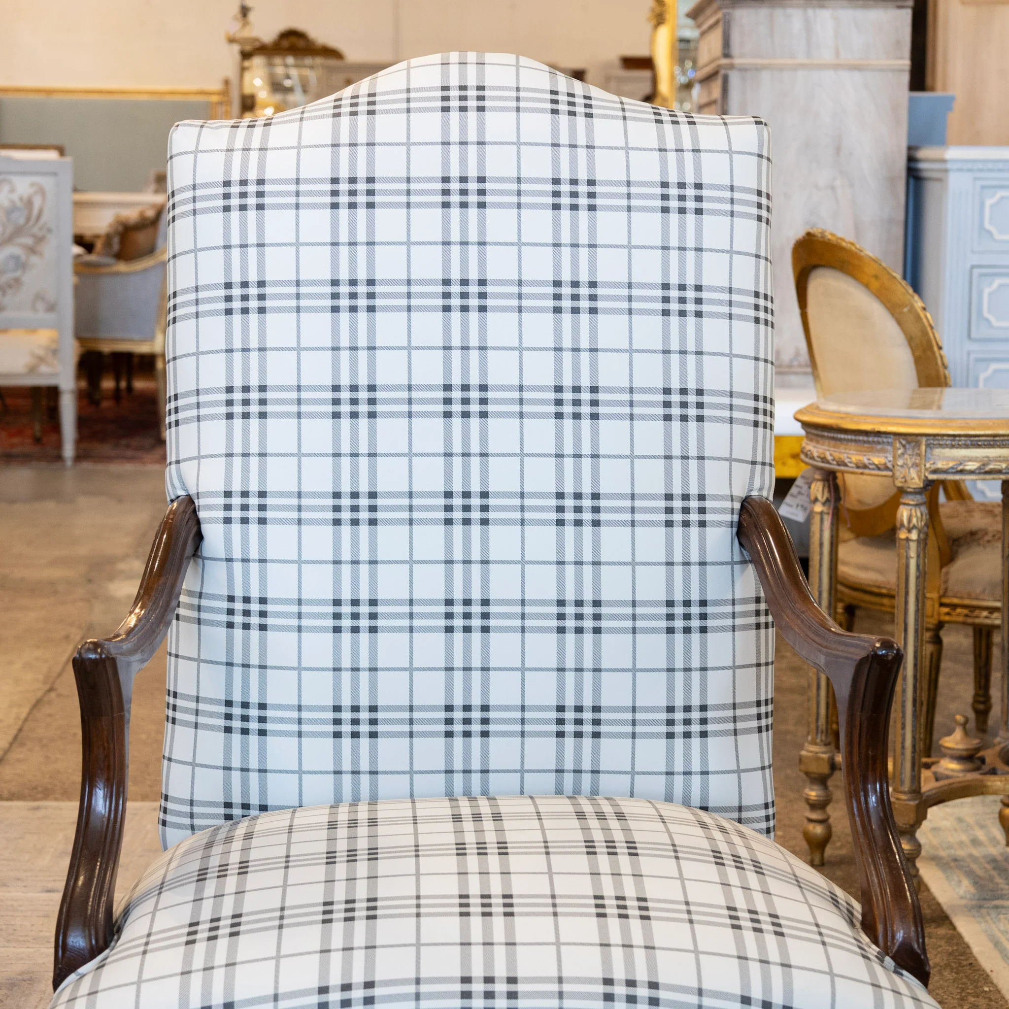 Louis XV Armchair – Walnut Frame & Black Plaid Upholstery - Image 3