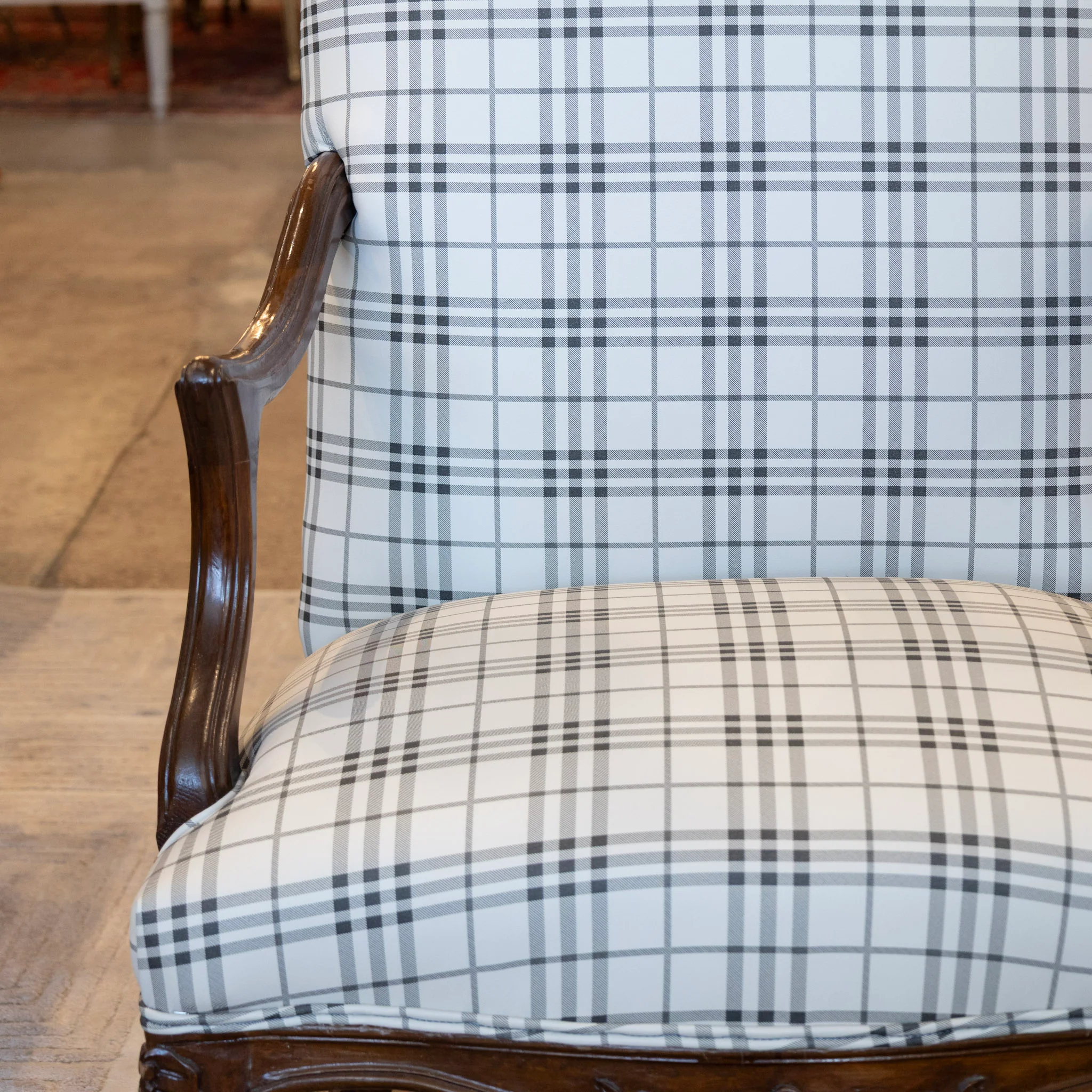Louis XV Armchair – Walnut Frame & Black Plaid Upholstery - Image 4