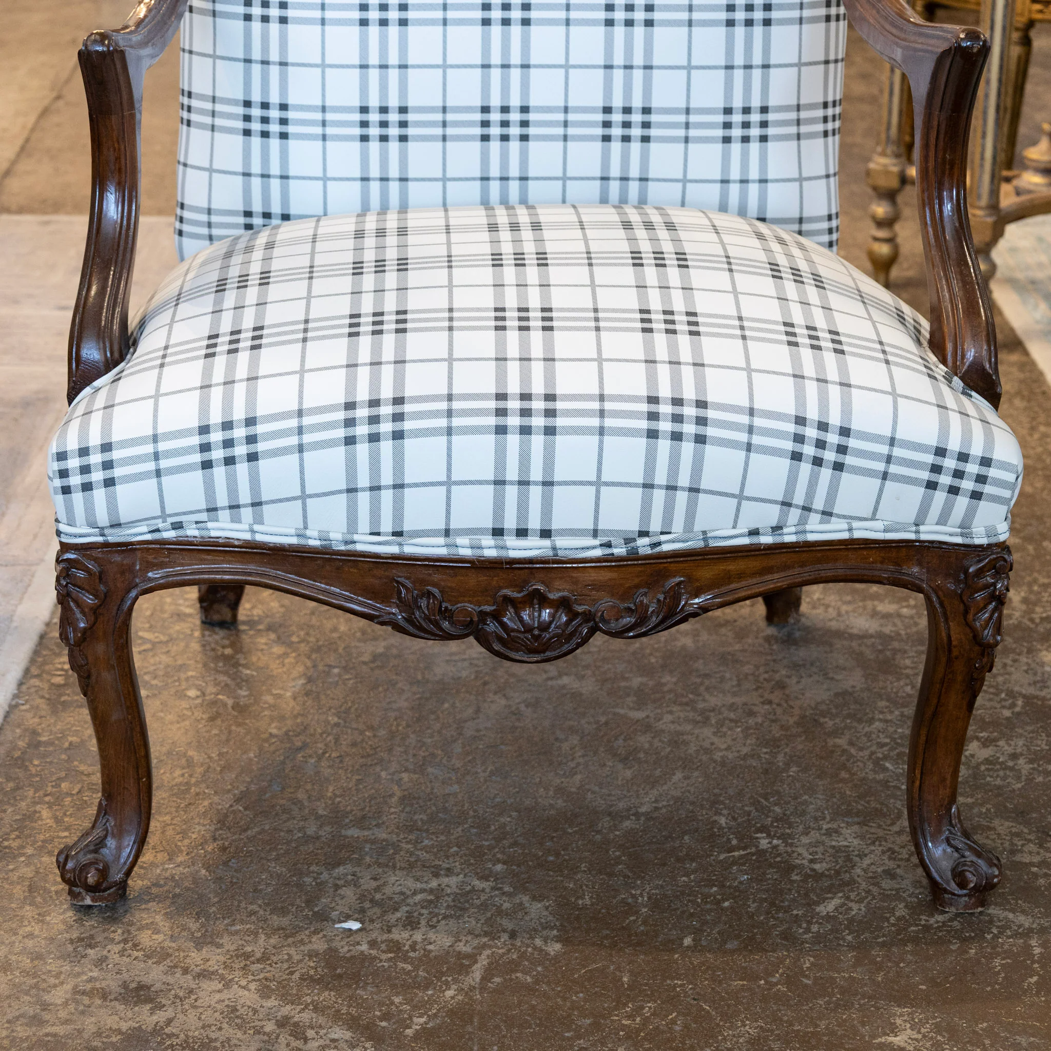 Louis XV Armchair – Walnut Frame & Black Plaid Upholstery - Image 5