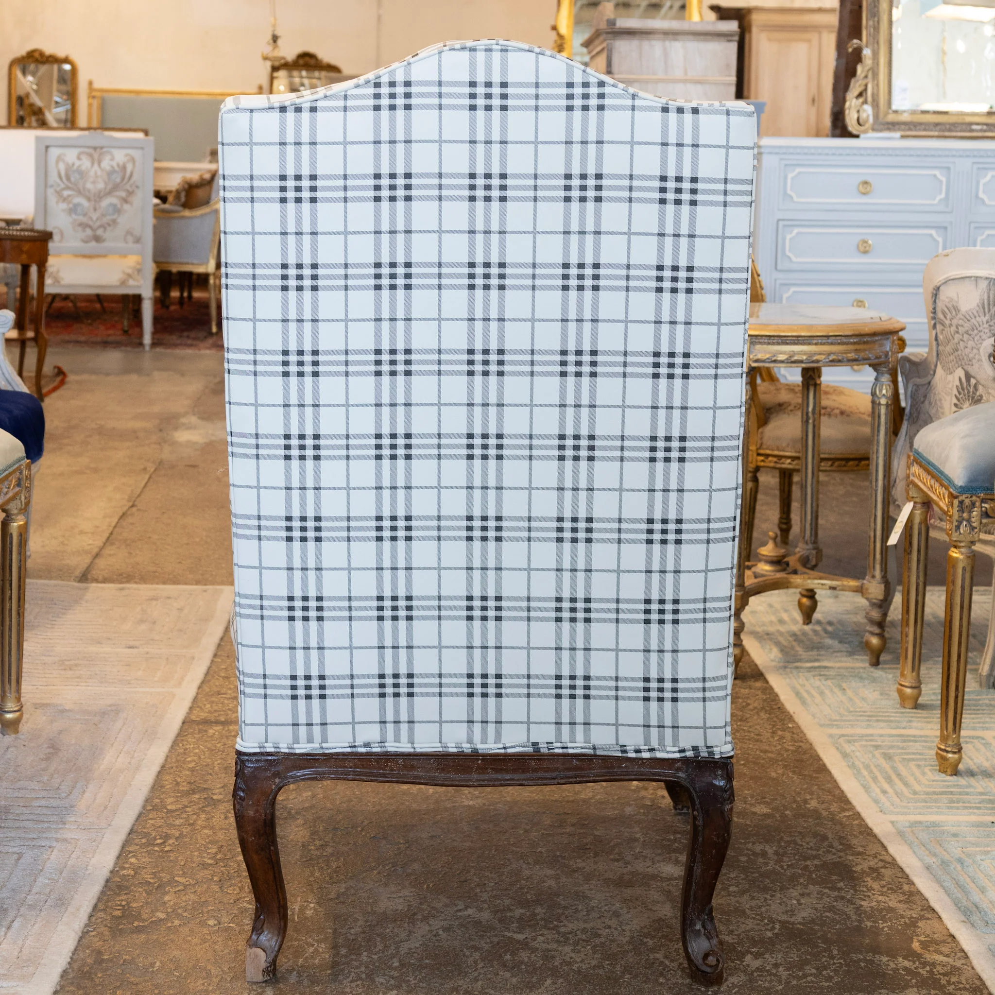 Louis XV Armchair – Walnut Frame & Black Plaid Upholstery - Image 6