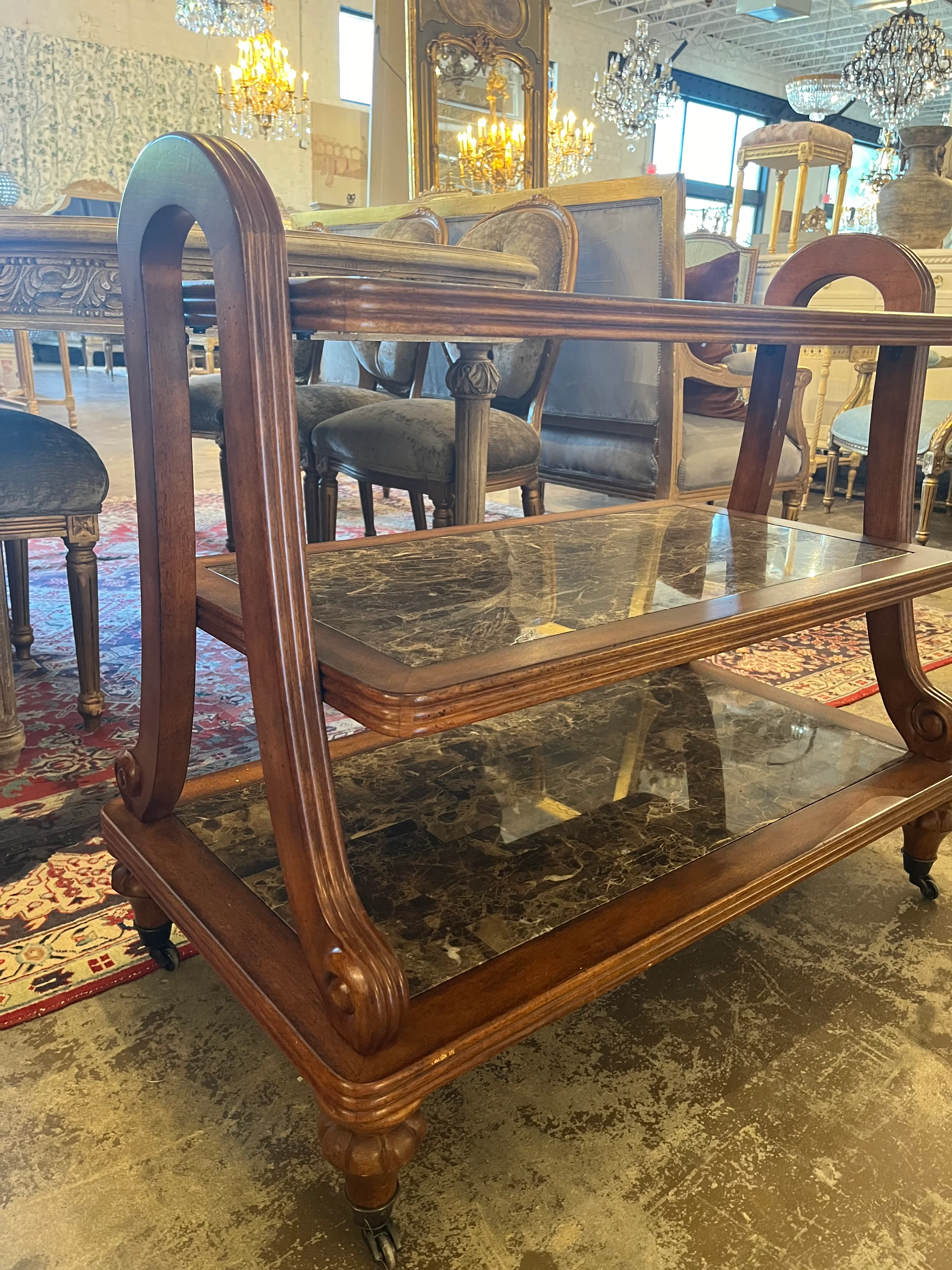 French Antique Rolling Tea Cart with Dark Marble - Image 3