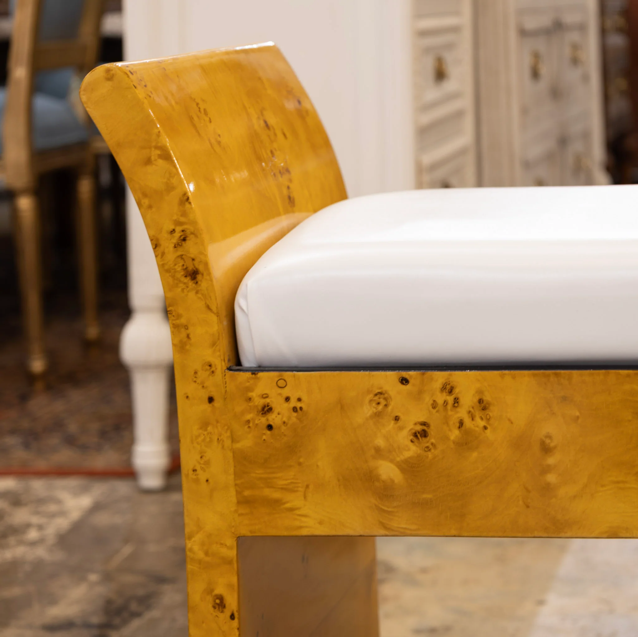 Art Deco Burl Wood Stool – Tall Curved Sides & White Leather Upholstery - Image 3