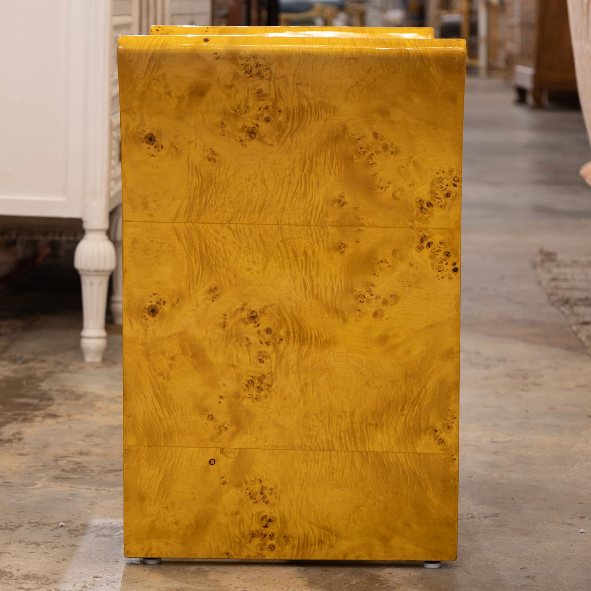 Art Deco Burl Wood Stool – Tall Curved Sides & White Leather Upholstery - Image 4