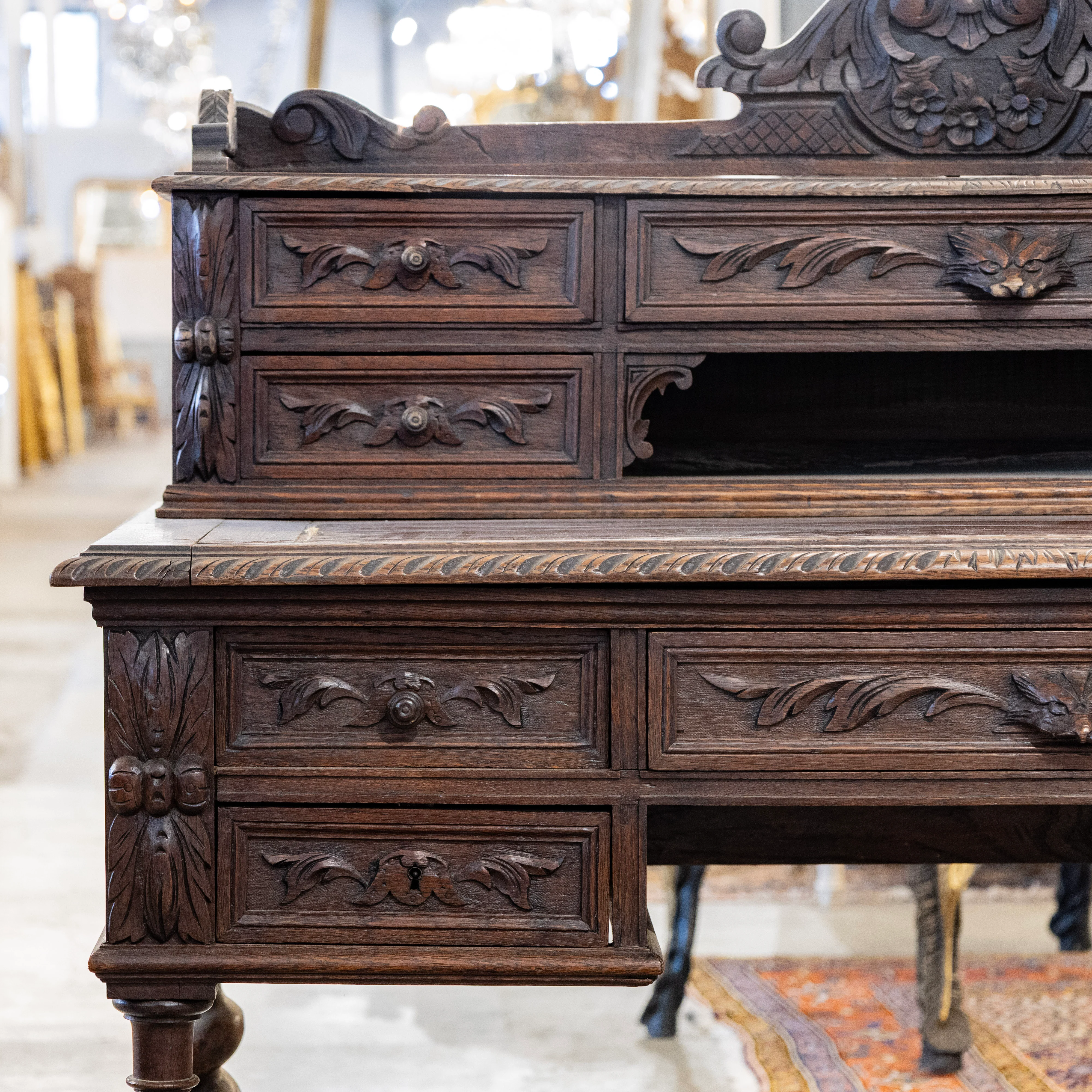 French Barley Twist Desk – Carved Ornate Detailing in Dark Wood - Image 3