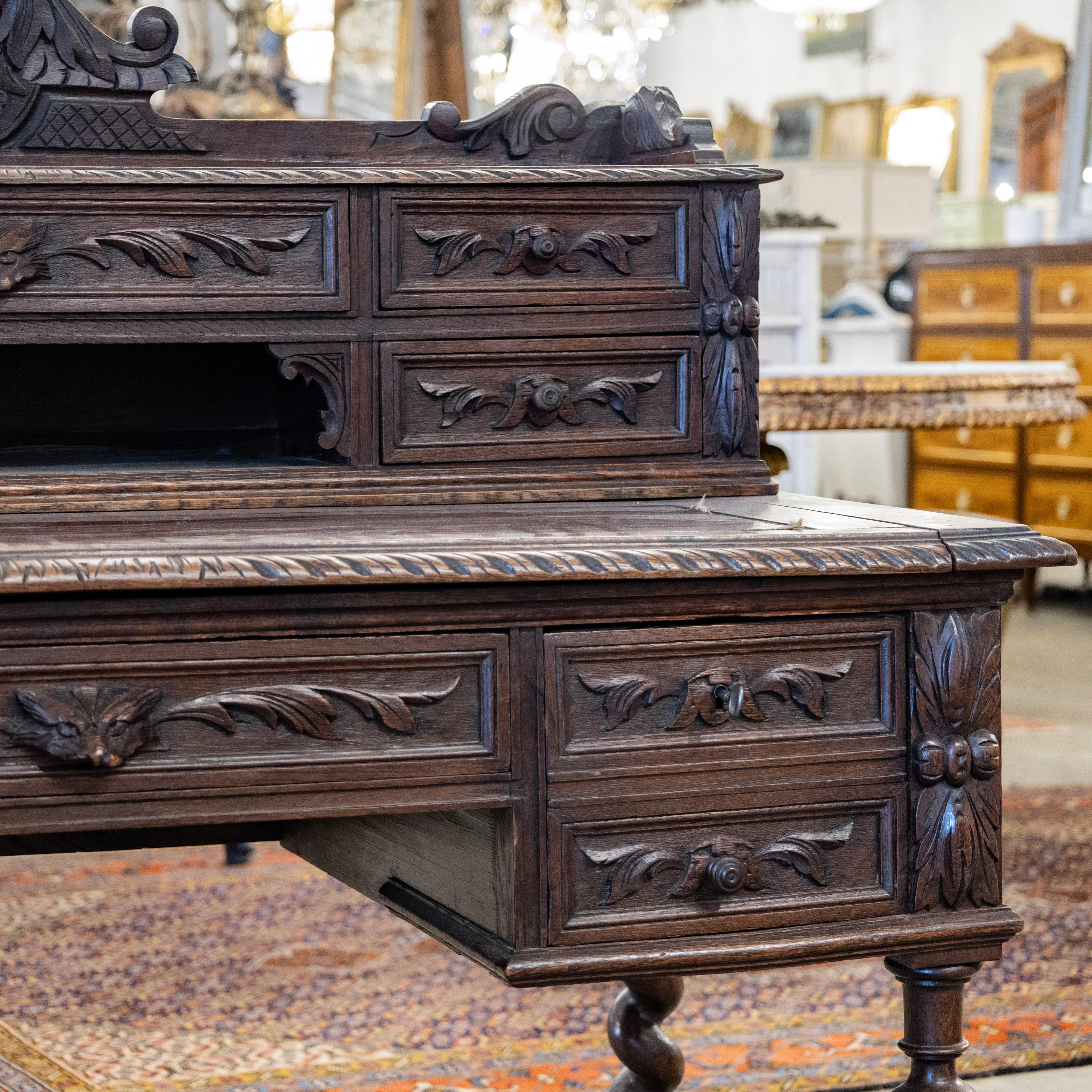 French Barley Twist Desk – Carved Ornate Detailing in Dark Wood - Image 5