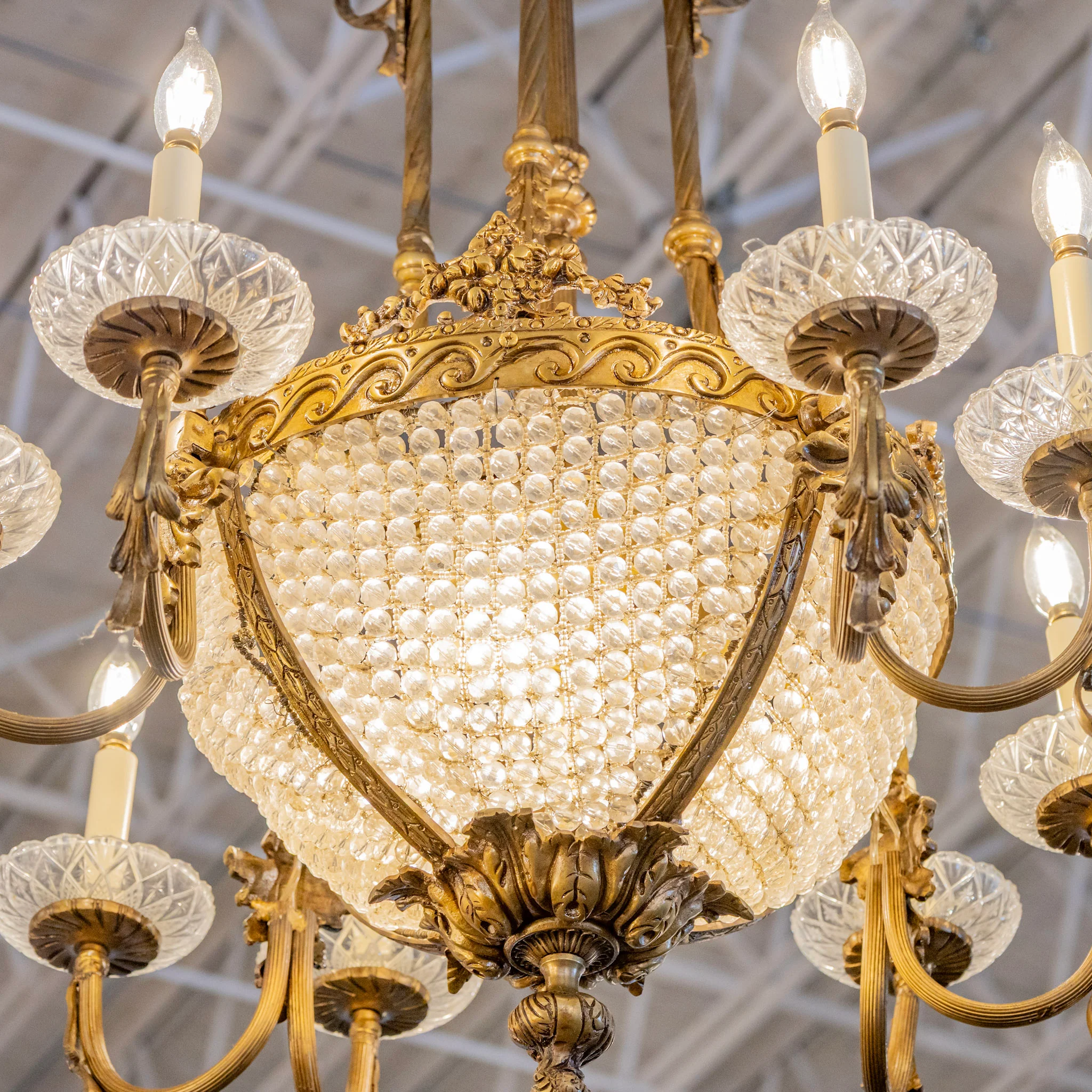 French Basket Brass Candelabra Chandelier – Ornate Gilded Beaded Crystal Frame - Image 4