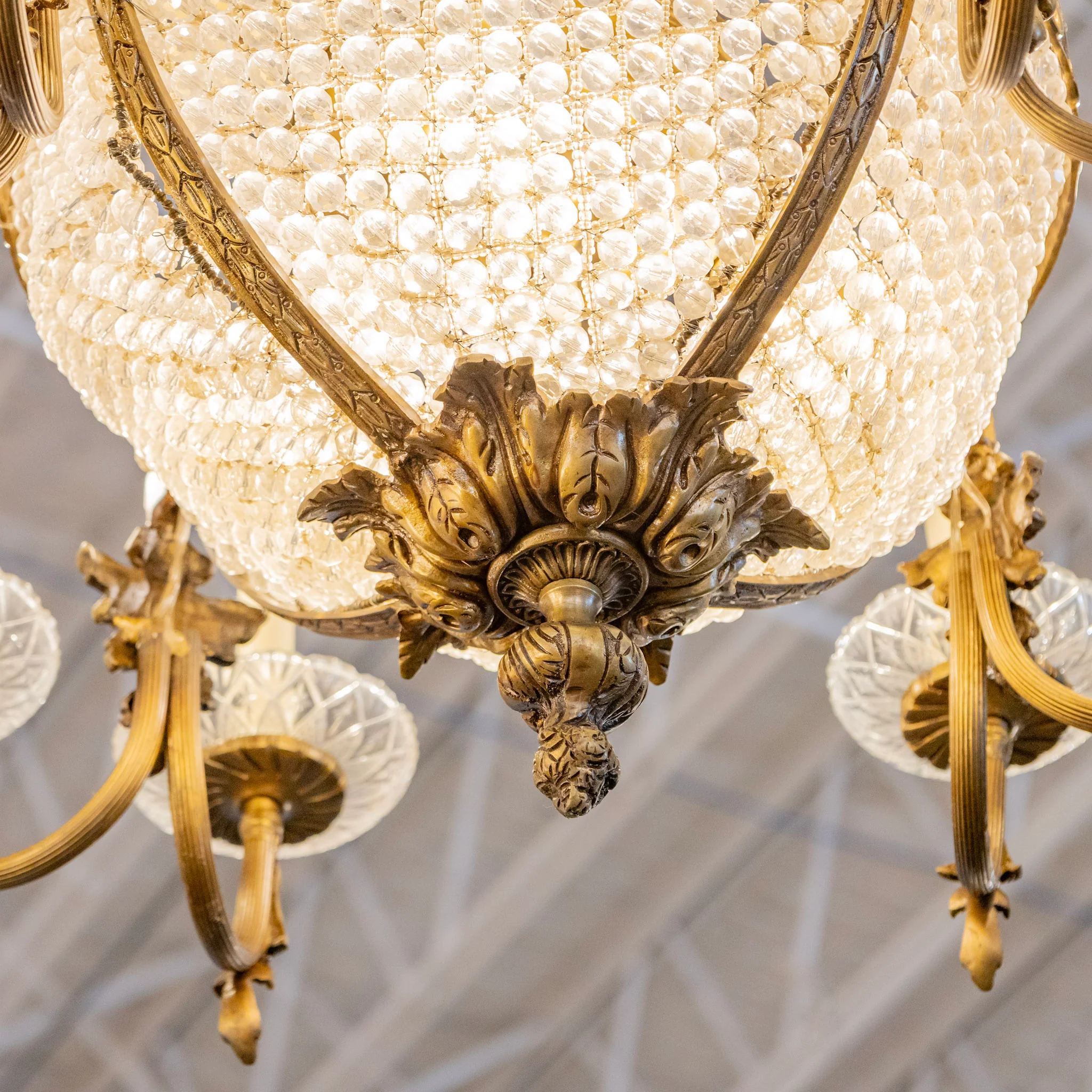 French Basket Brass Candelabra Chandelier – Ornate Gilded Beaded Crystal Frame - Image 5