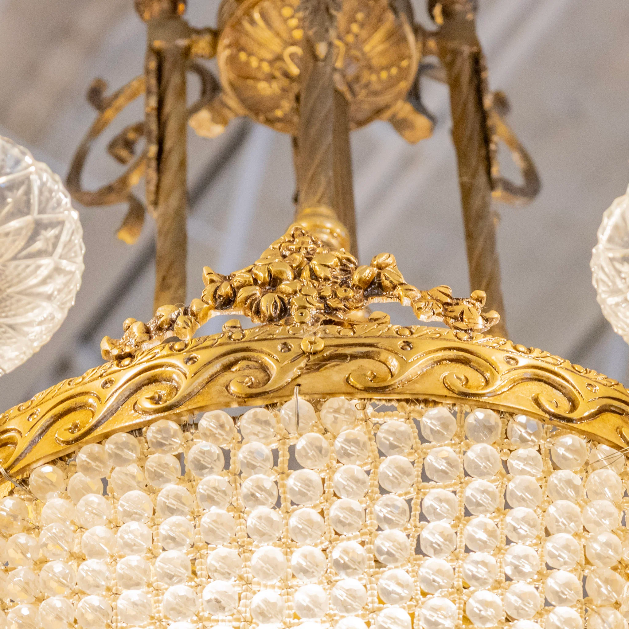 French Basket Brass Candelabra Chandelier – Ornate Gilded Beaded Crystal Frame - Image 6