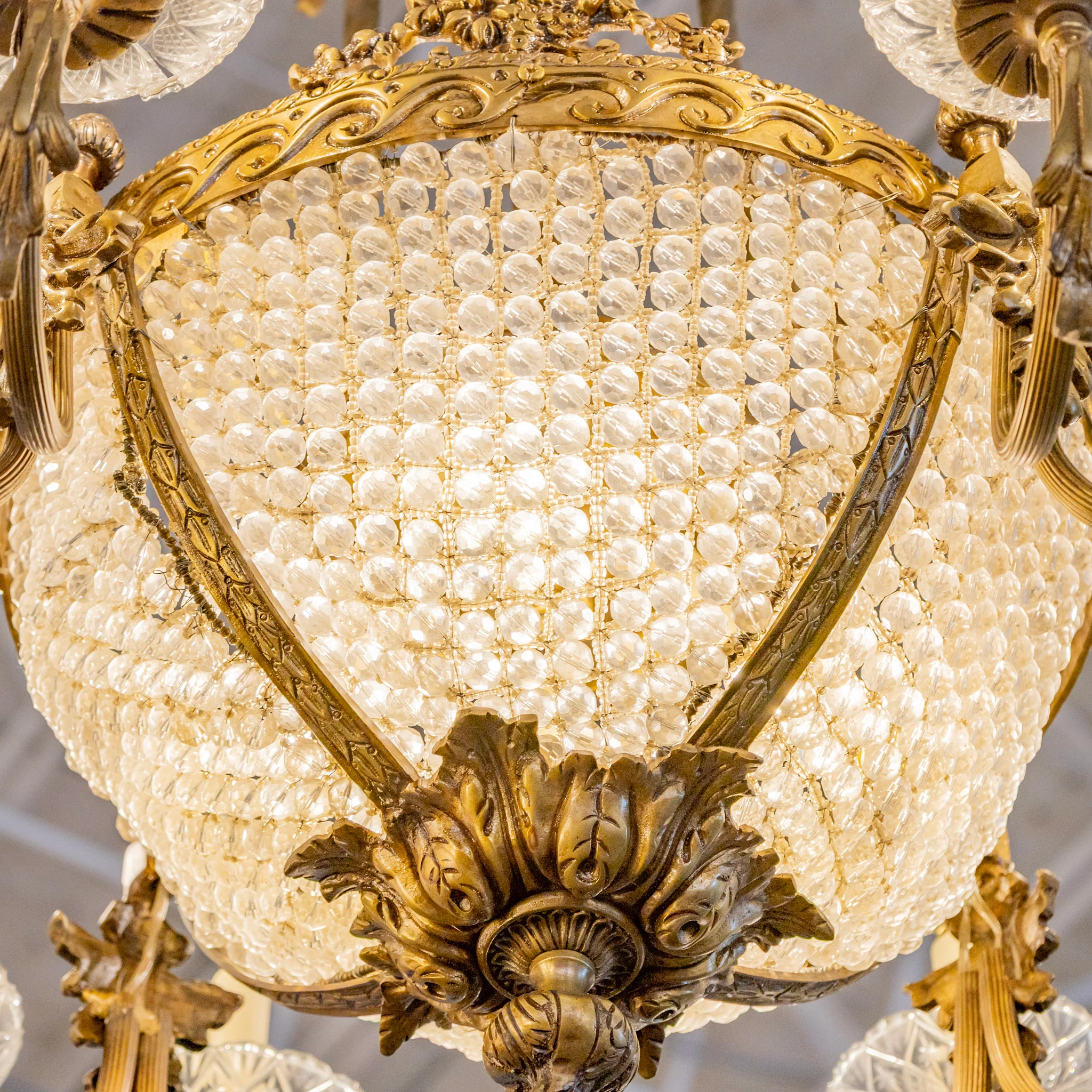 French Basket Brass Candelabra Chandelier – Ornate Gilded Beaded Crystal Frame - Image 7