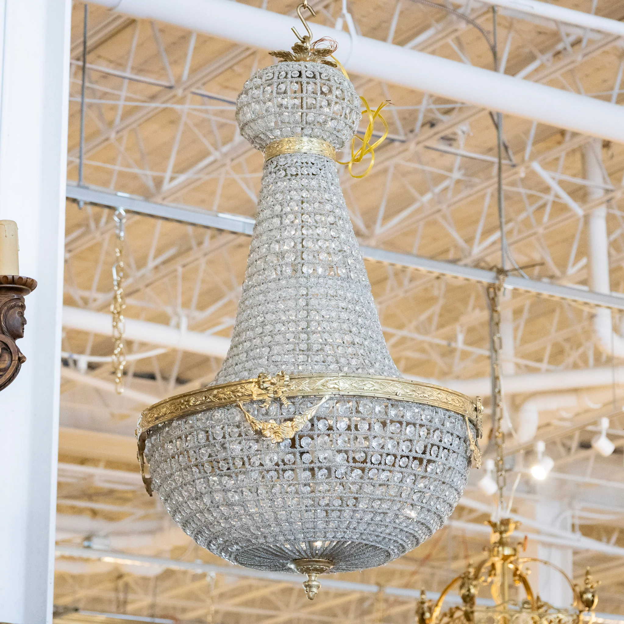 French Basket Brass Chandelier – Beaded Crystal & Bow Detailing
