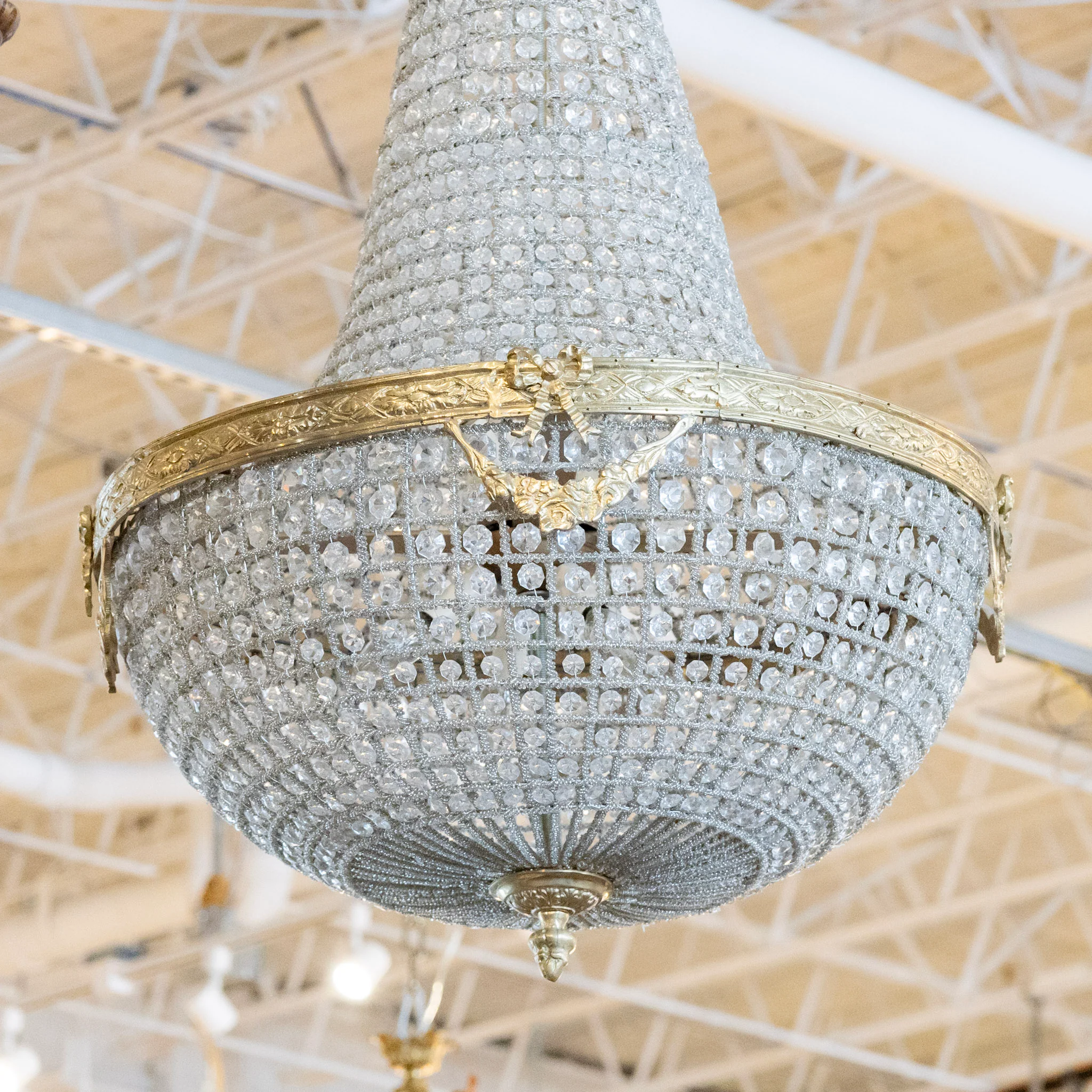 French Basket Brass Chandelier – Beaded Crystal & Bow Detailing - Image 3