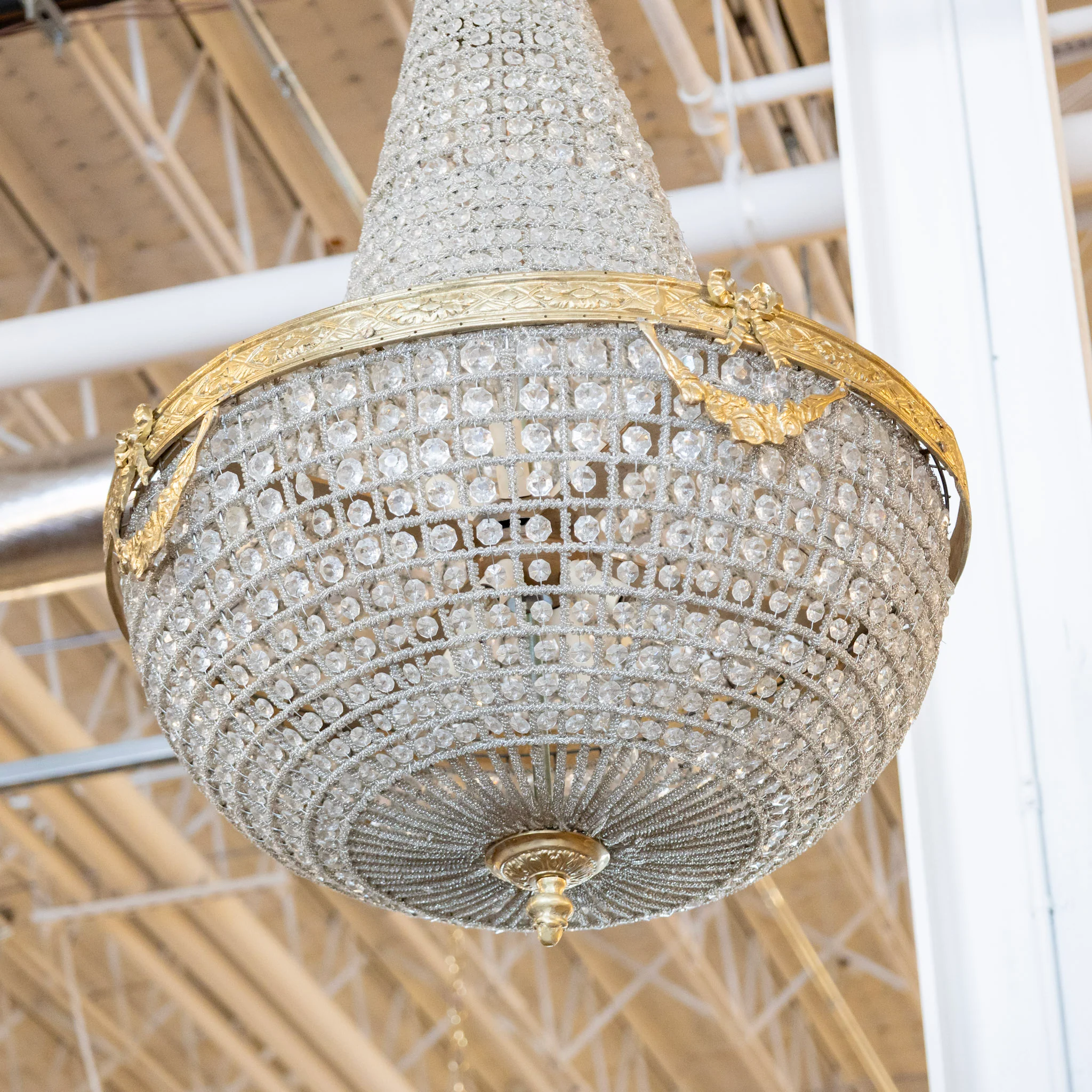 French Basket Brass Chandelier – Beaded Crystal & Bow Detailing - Image 4