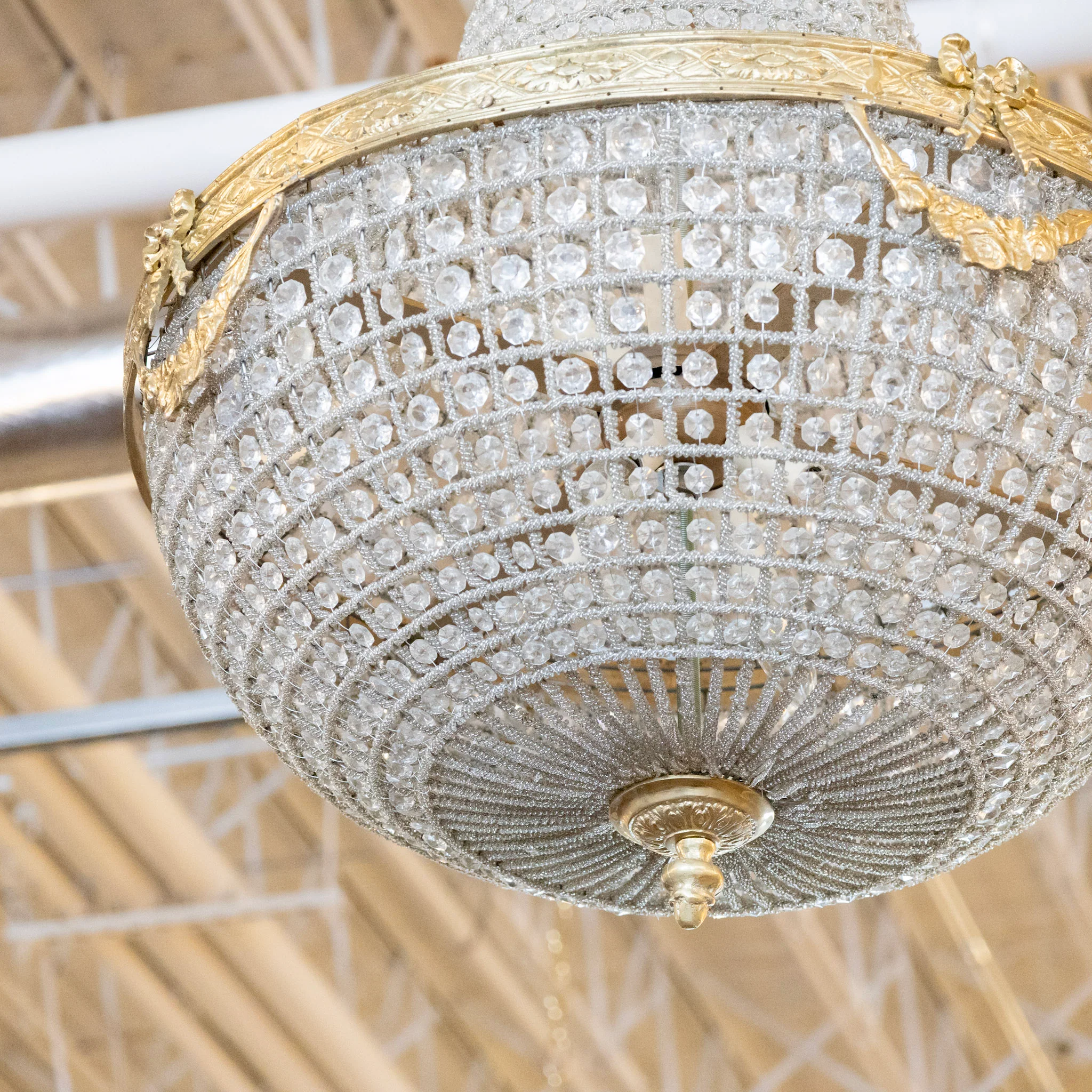 French Basket Brass Chandelier – Beaded Crystal & Bow Detailing - Image 6