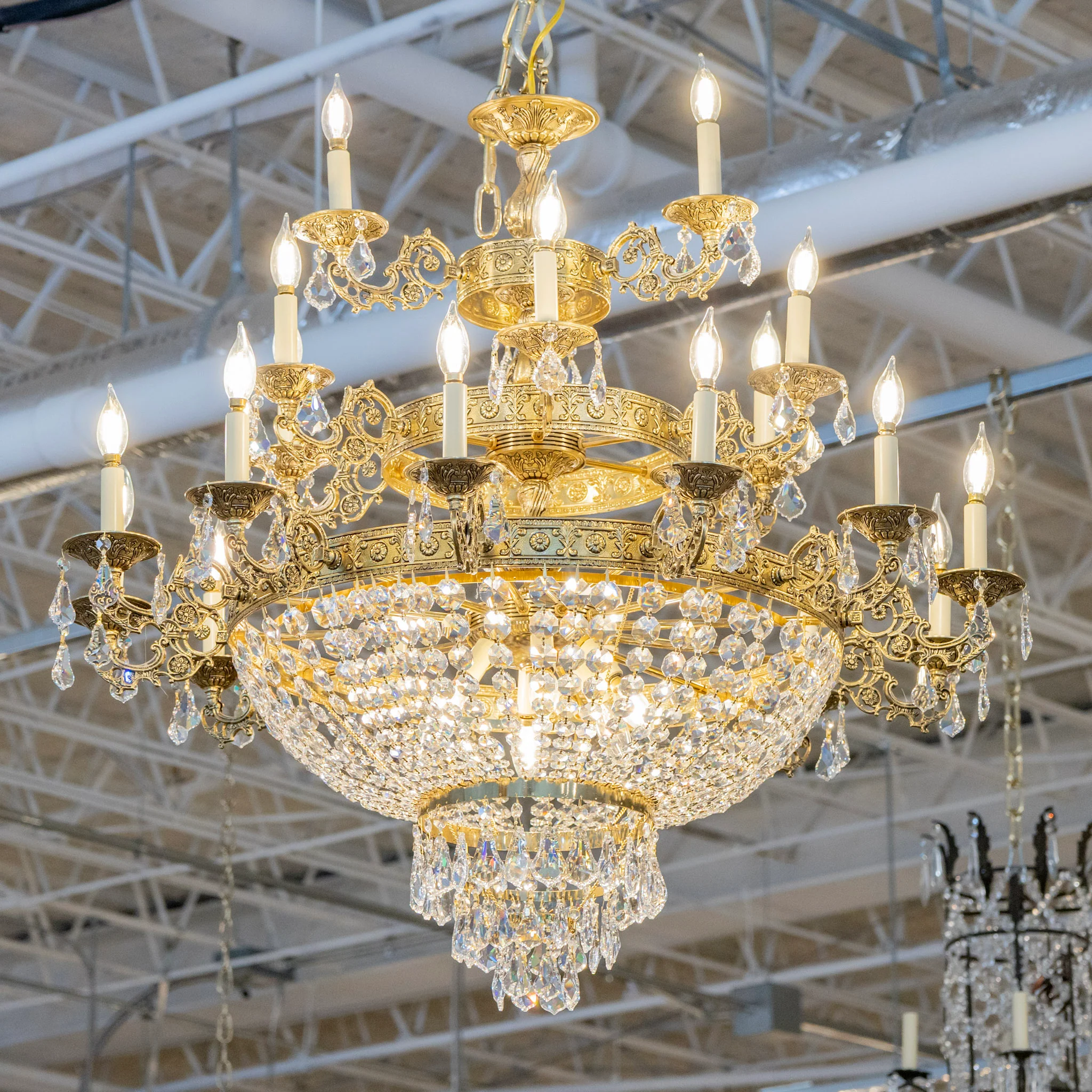 French Basket Brass Chandelier – Beaded Crystal & Ornate Frame