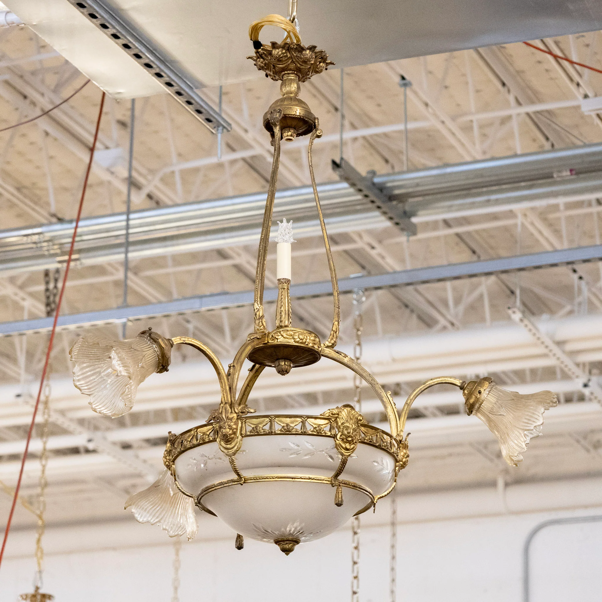 French Basket Brass Chandelier – Etched Glass & Floral Glass Shades