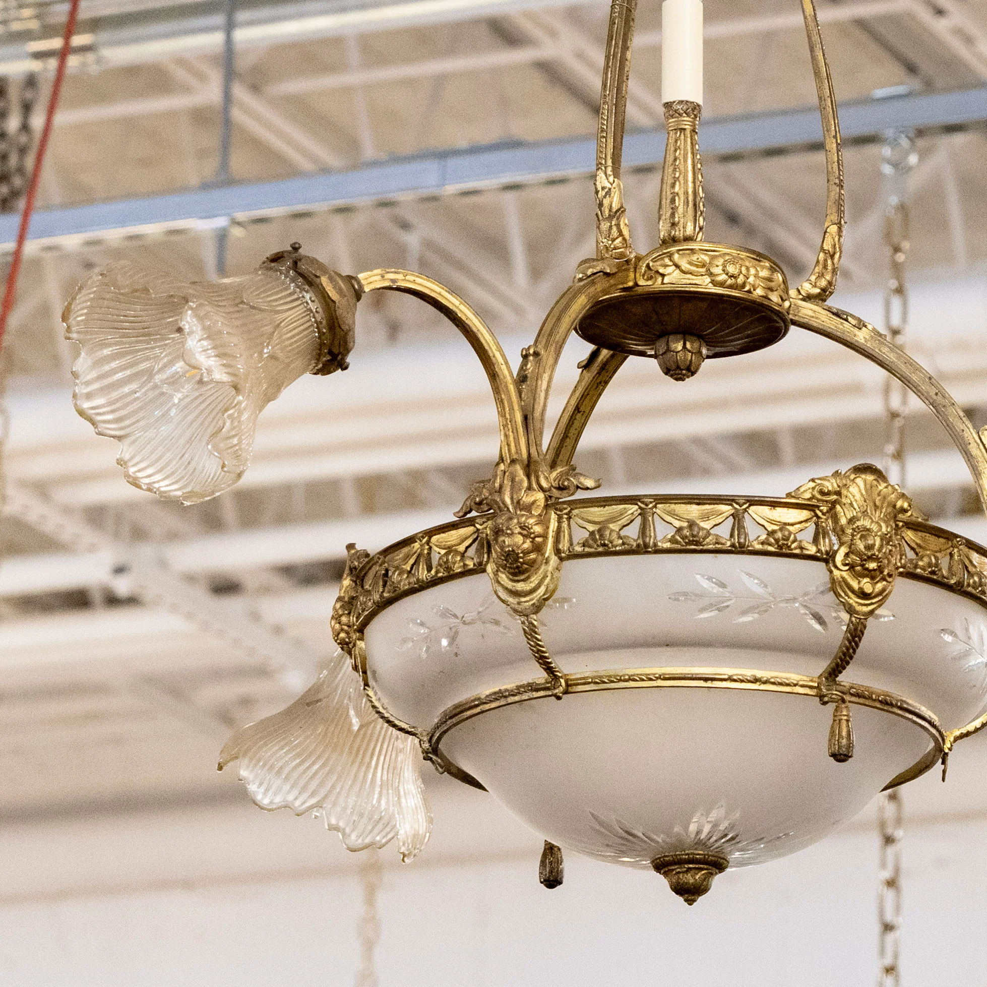 French Basket Brass Chandelier – Etched Glass & Floral Glass Shades - Image 2
