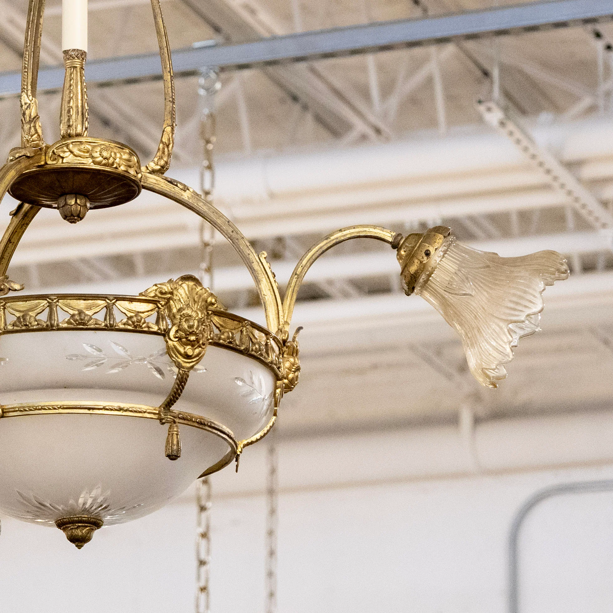 French Basket Brass Chandelier – Etched Glass & Floral Glass Shades - Image 3