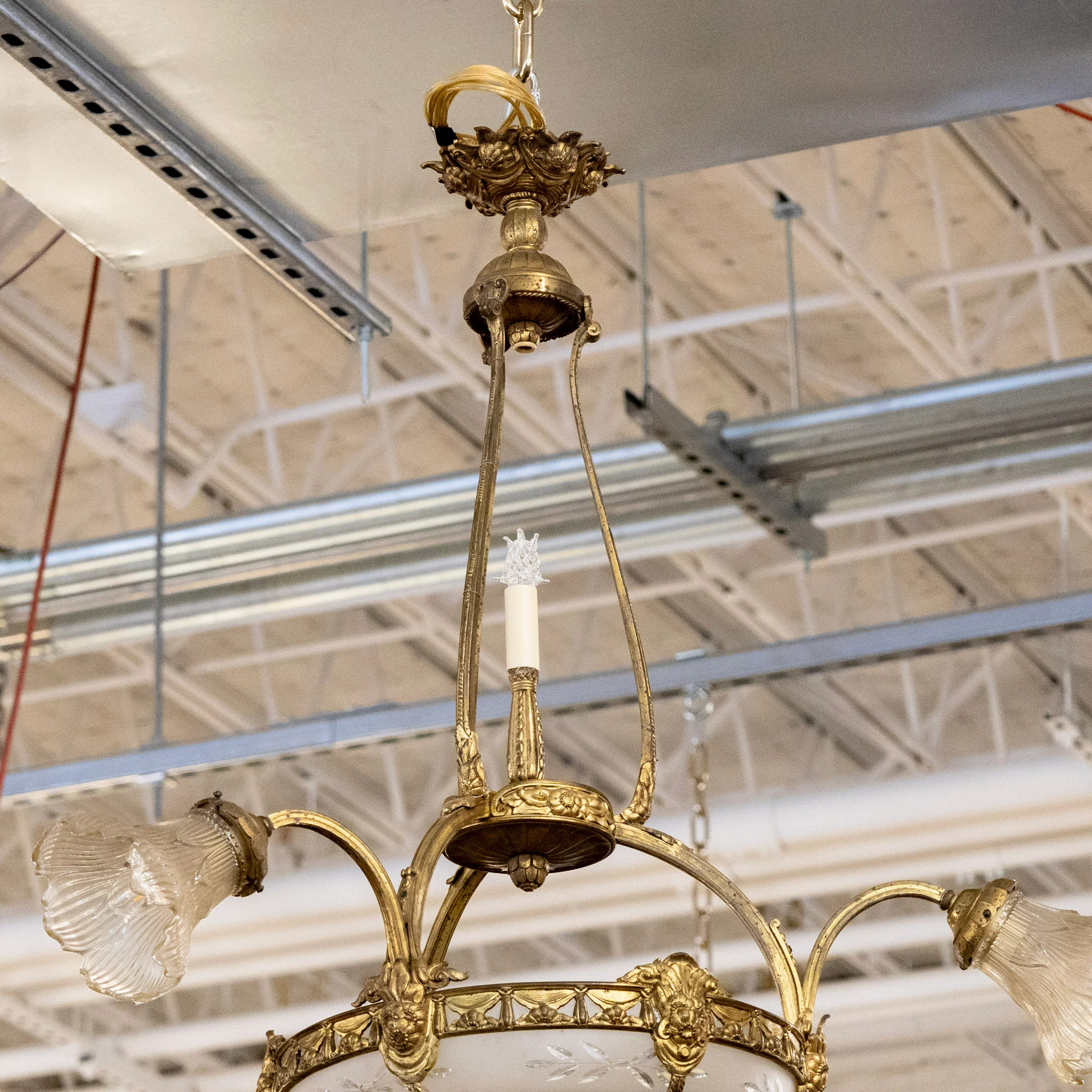 French Basket Brass Chandelier – Etched Glass & Floral Glass Shades - Image 4