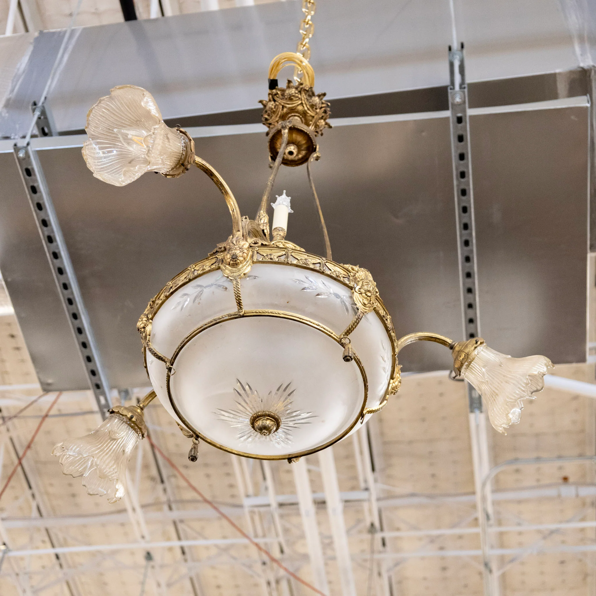 French Basket Brass Chandelier – Etched Glass & Floral Glass Shades - Image 5