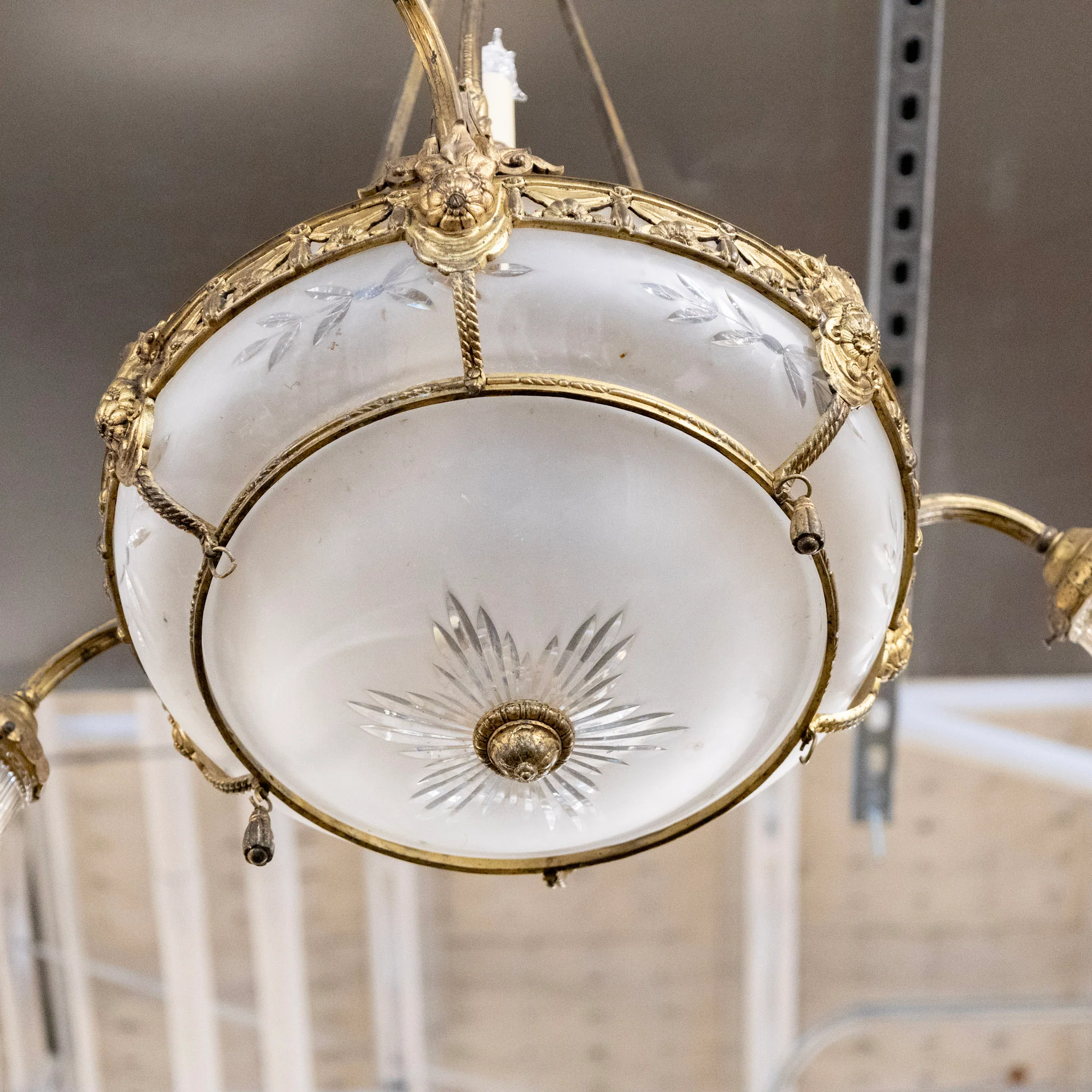 French Basket Brass Chandelier – Etched Glass & Floral Glass Shades - Image 6