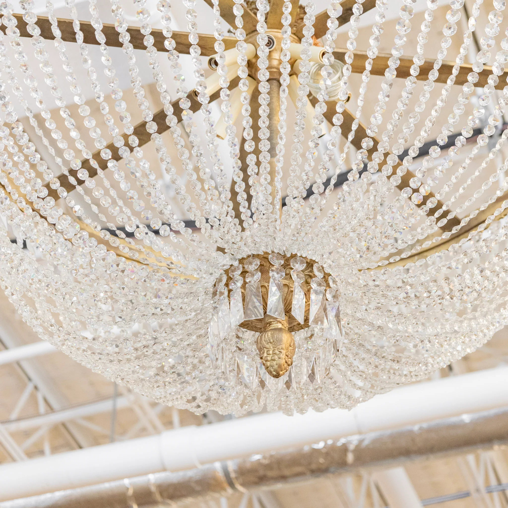 French Flush Mount Brass Chandelier – Square Crystal & Beaded Crystal - Image 3
