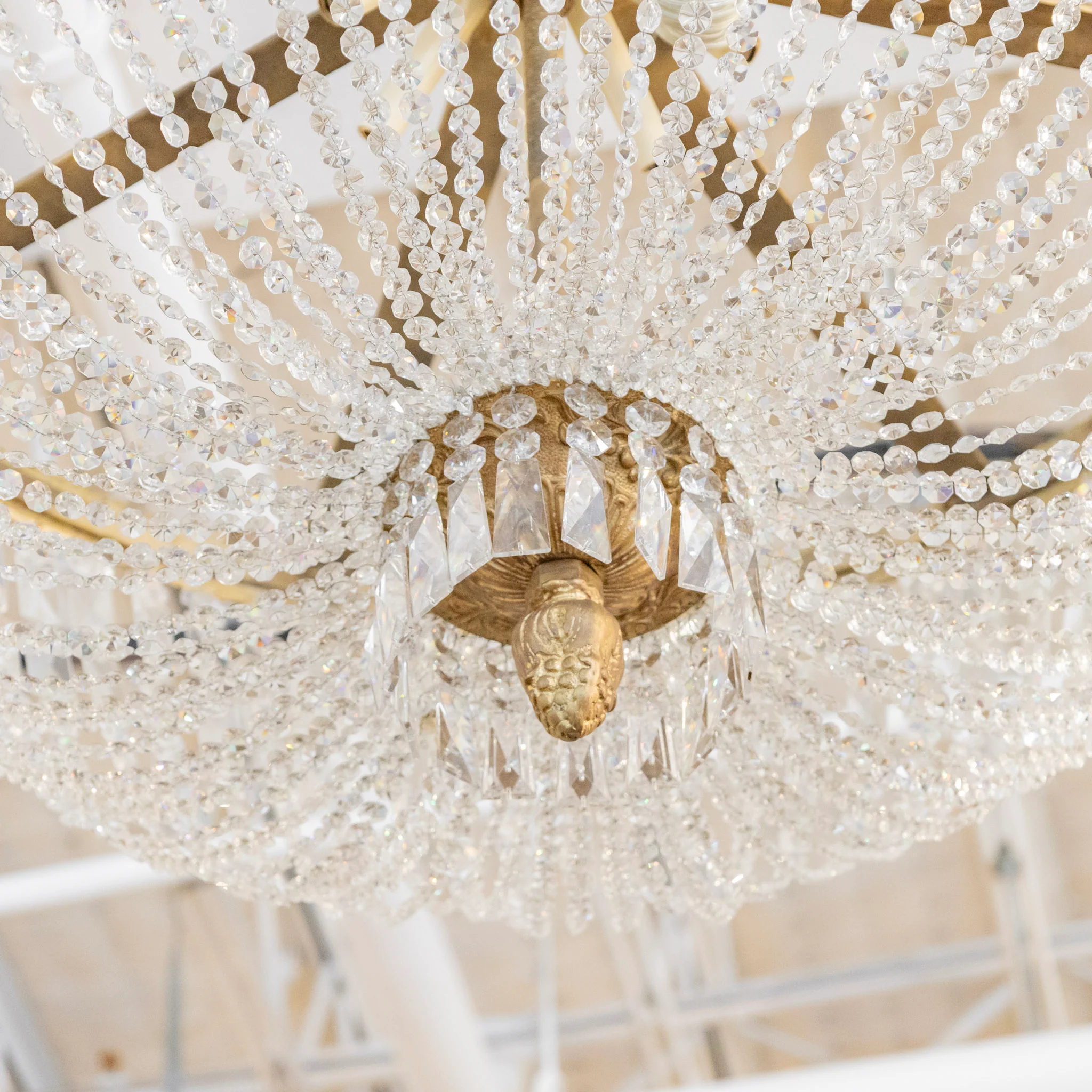 French Flush Mount Brass Chandelier – Square Crystal & Beaded Crystal - Image 4