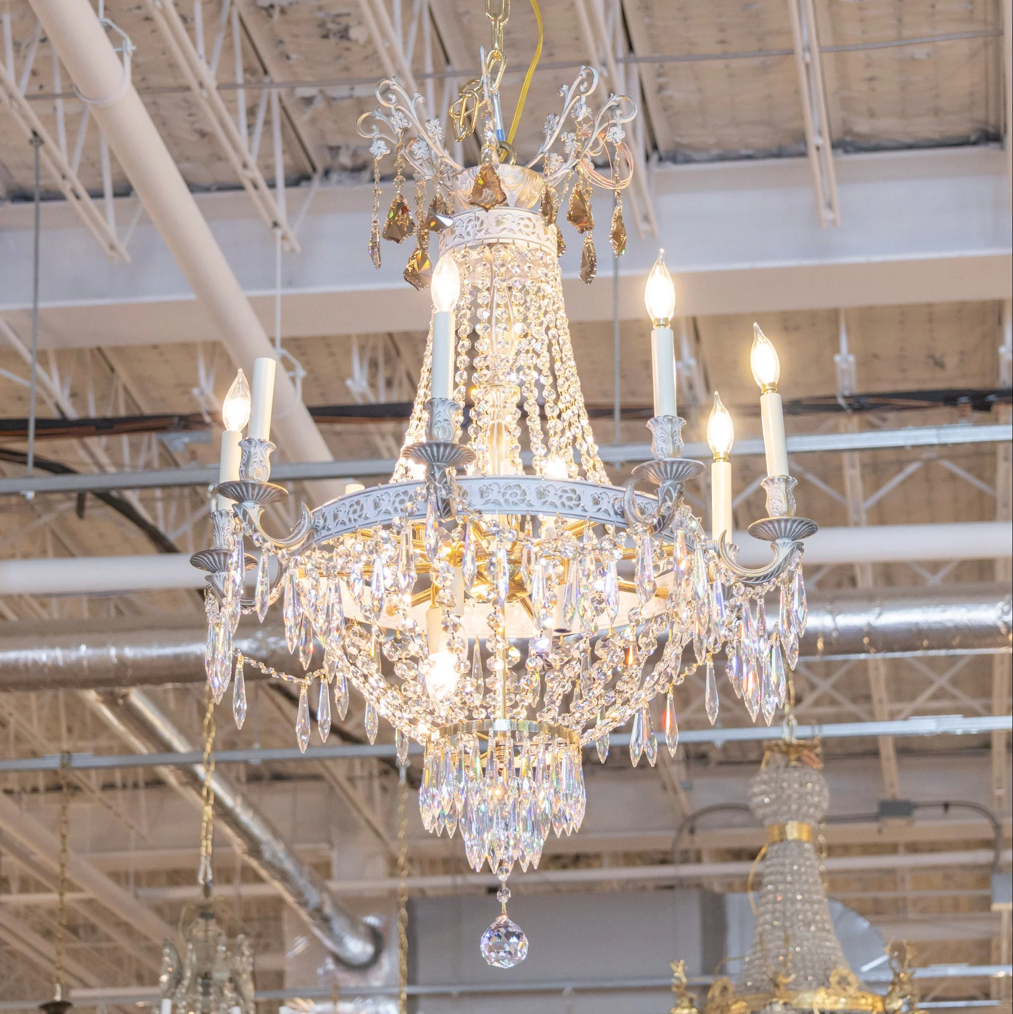 French Basket Gold & White Painted Brass Chandelier – Beaded Crystal & Icicle Drops
