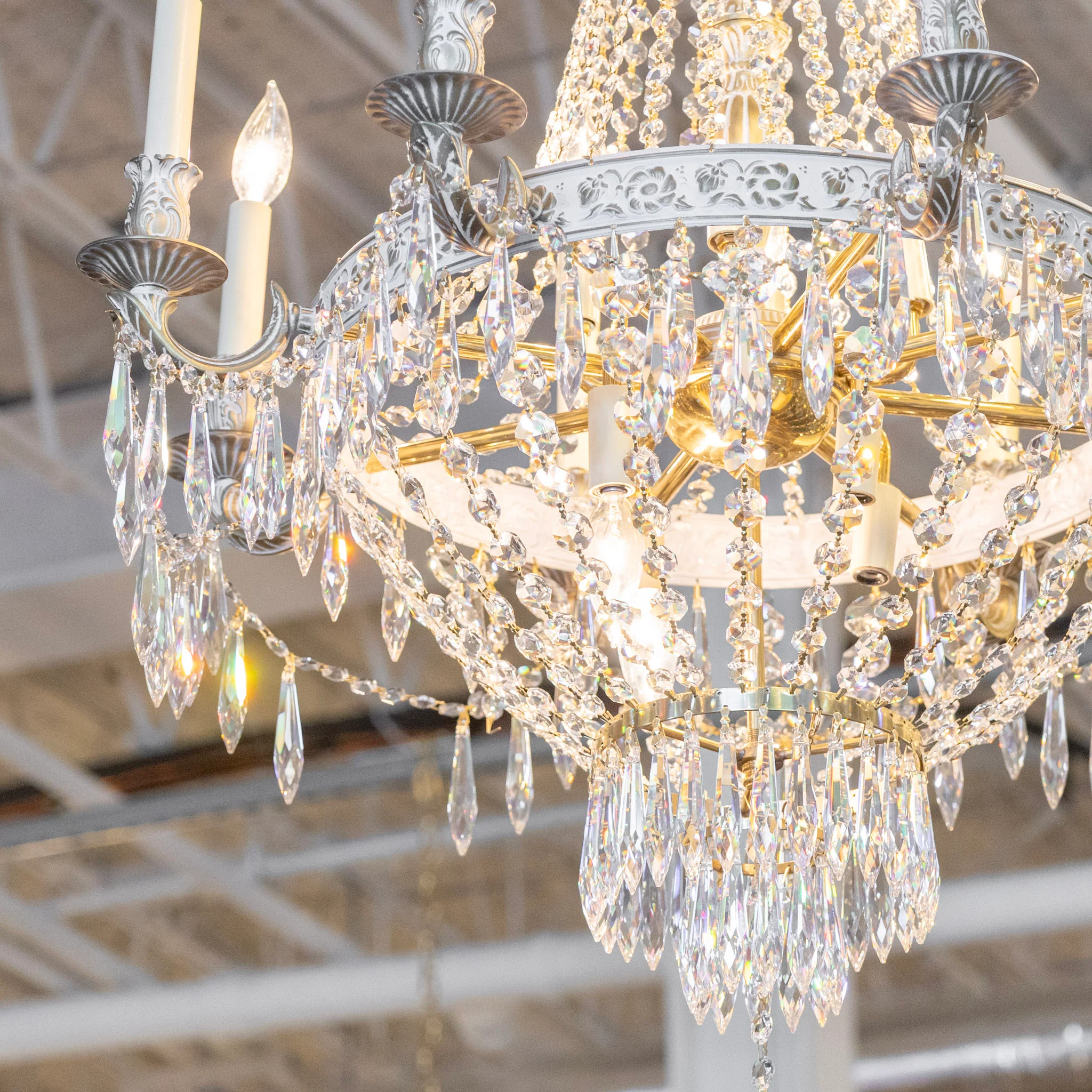 French Basket Gold & White Painted Brass Chandelier – Beaded Crystal & Icicle Drops - Image 2