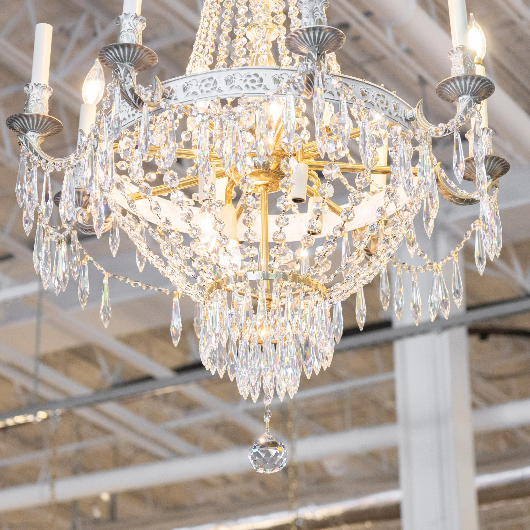 French Basket Gold & White Painted Brass Chandelier – Beaded Crystal & Icicle Drops - Image 3