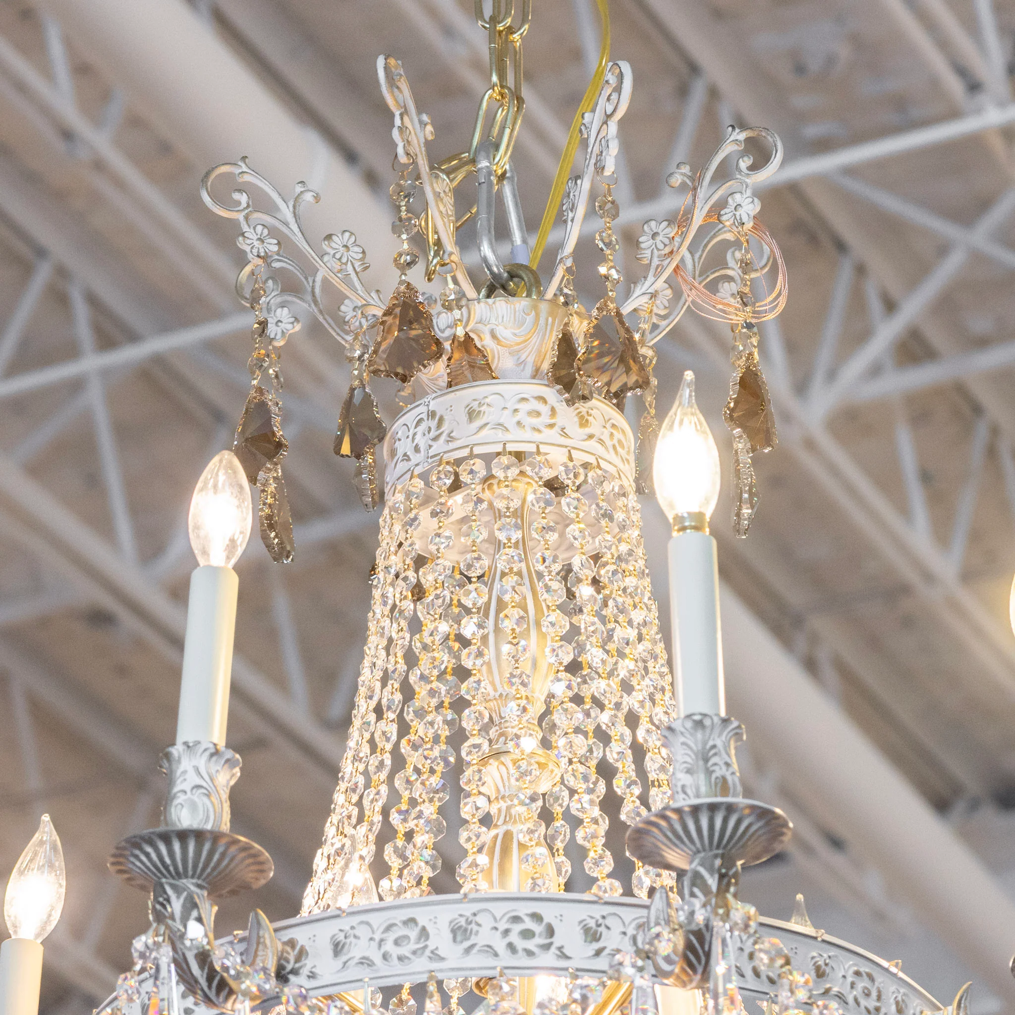 French Basket Gold & White Painted Brass Chandelier – Beaded Crystal & Icicle Drops - Image 4