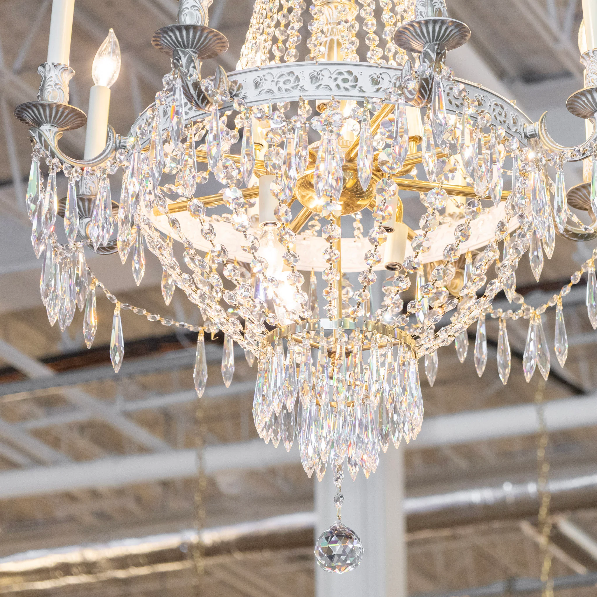 French Basket Gold & White Painted Brass Chandelier – Beaded Crystal & Icicle Drops - Image 5