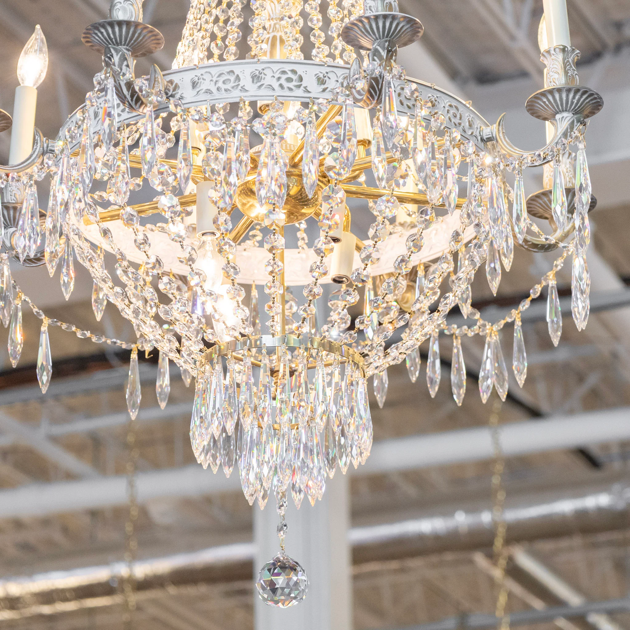 French Basket Gold & White Painted Brass Chandelier – Beaded Crystal & Icicle Drops - Image 6