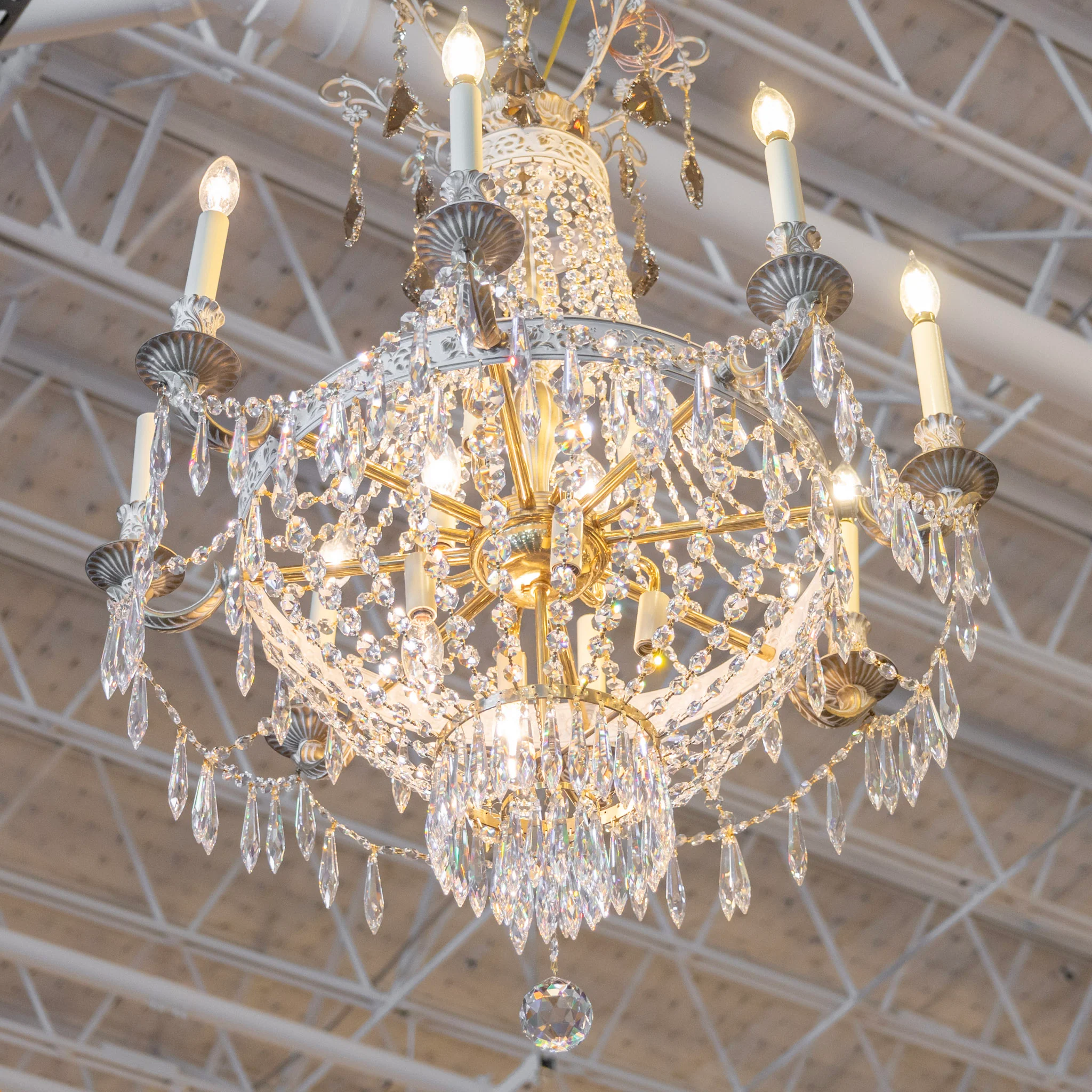 French Basket Gold & White Painted Brass Chandelier – Beaded Crystal & Icicle Drops - Image 7