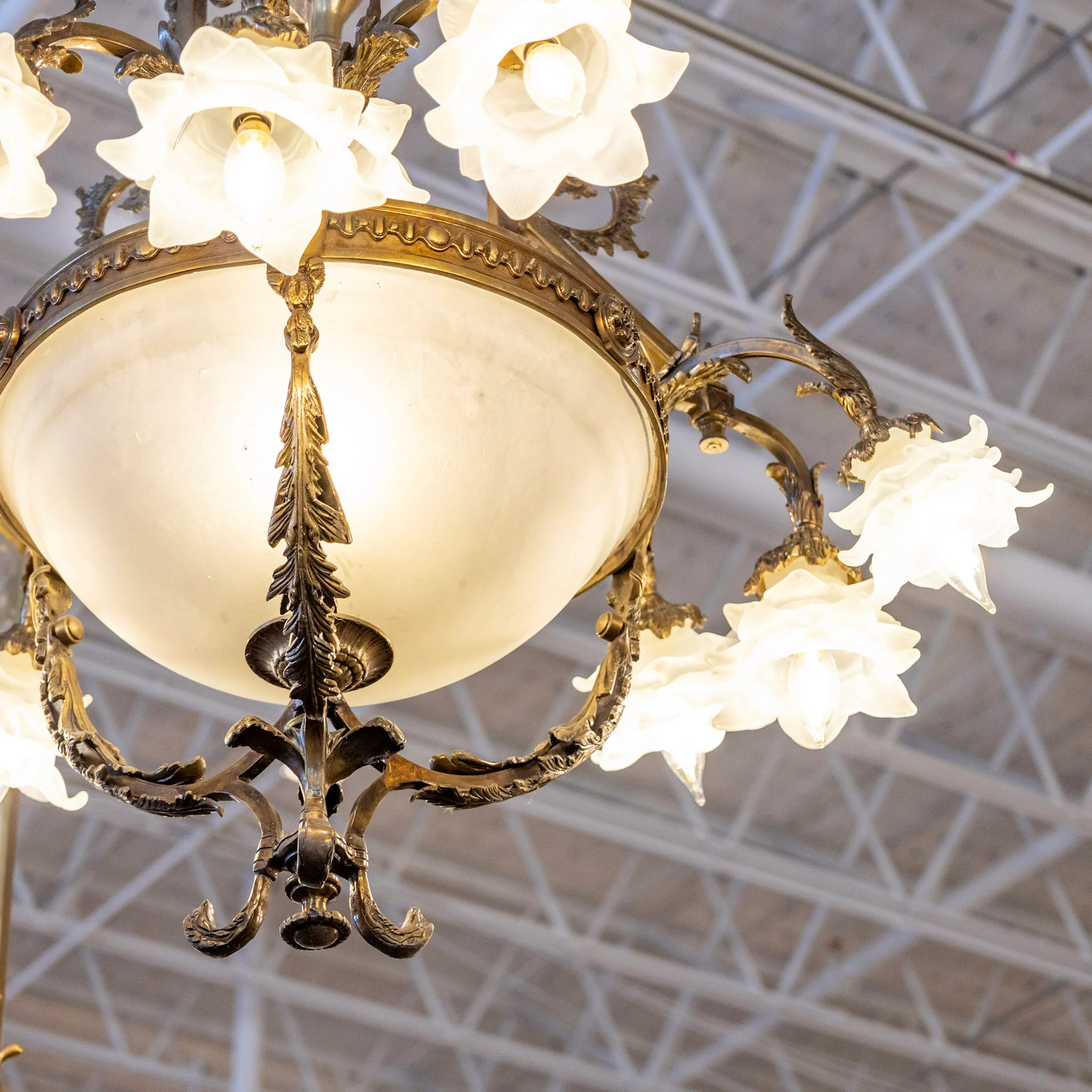 French Brass Cage Basket Chandelier – Floral Glass Shades & Ornate Crown - Image 3