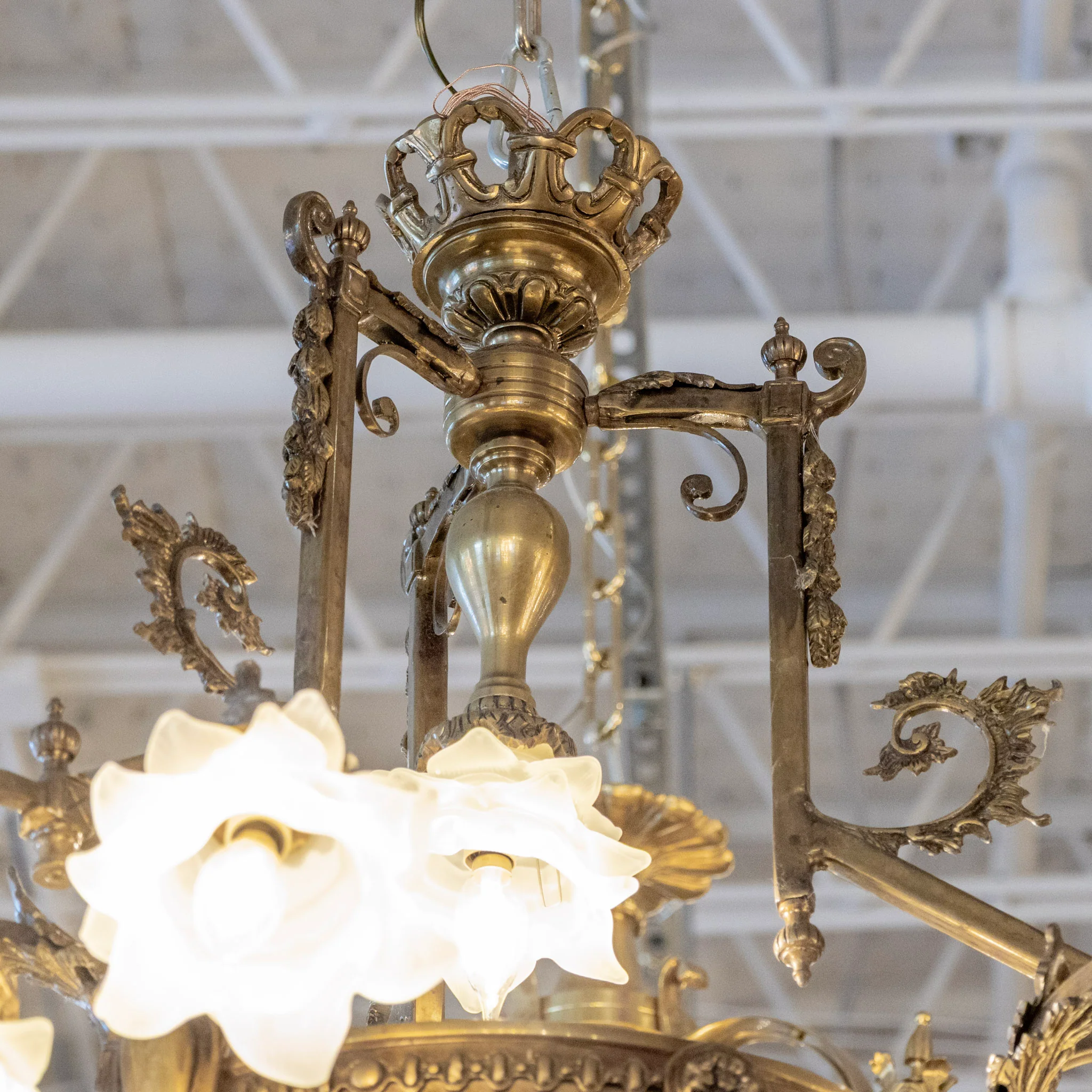French Brass Cage Basket Chandelier – Floral Glass Shades & Ornate Crown - Image 4