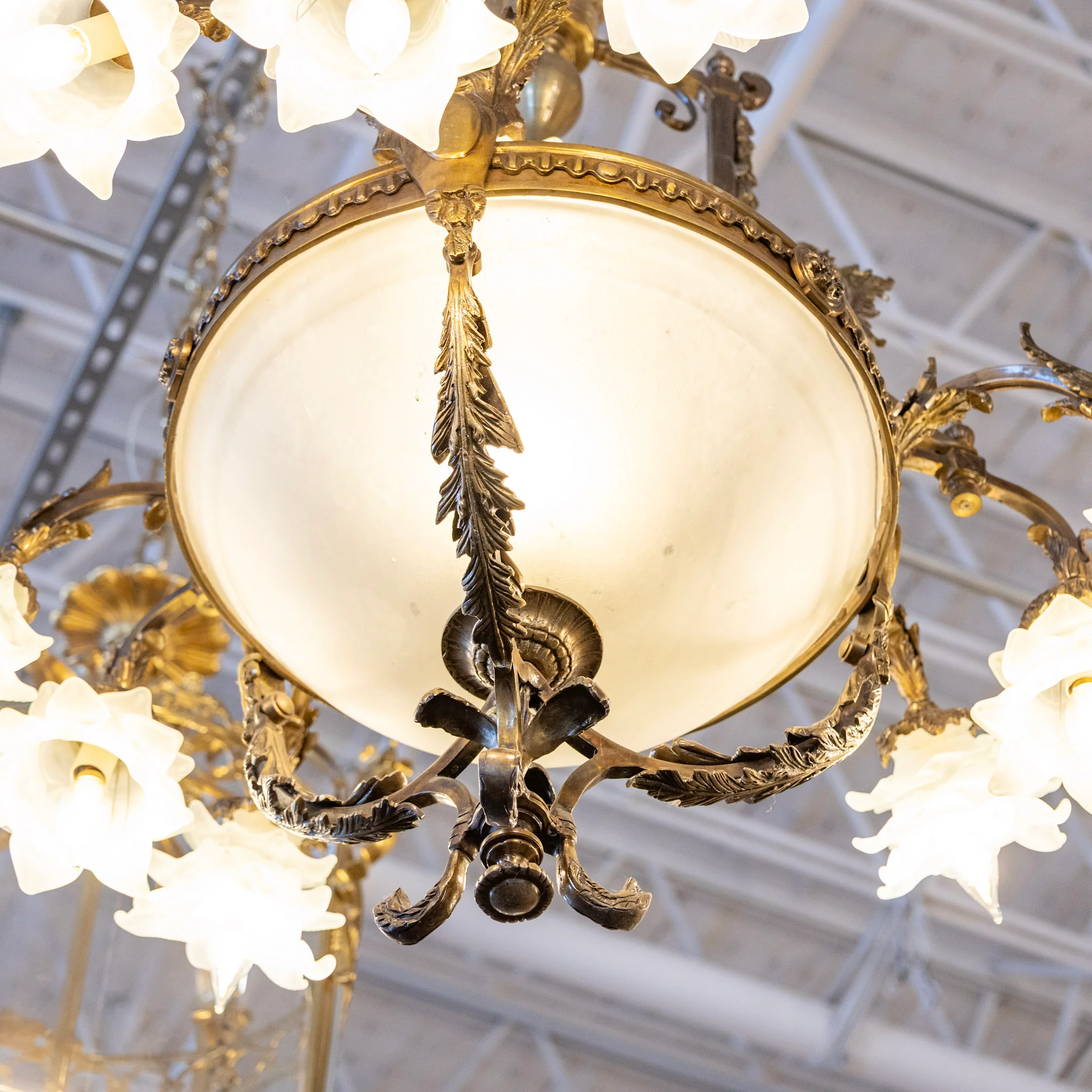 French Brass Cage Basket Chandelier – Floral Glass Shades & Ornate Crown - Image 5