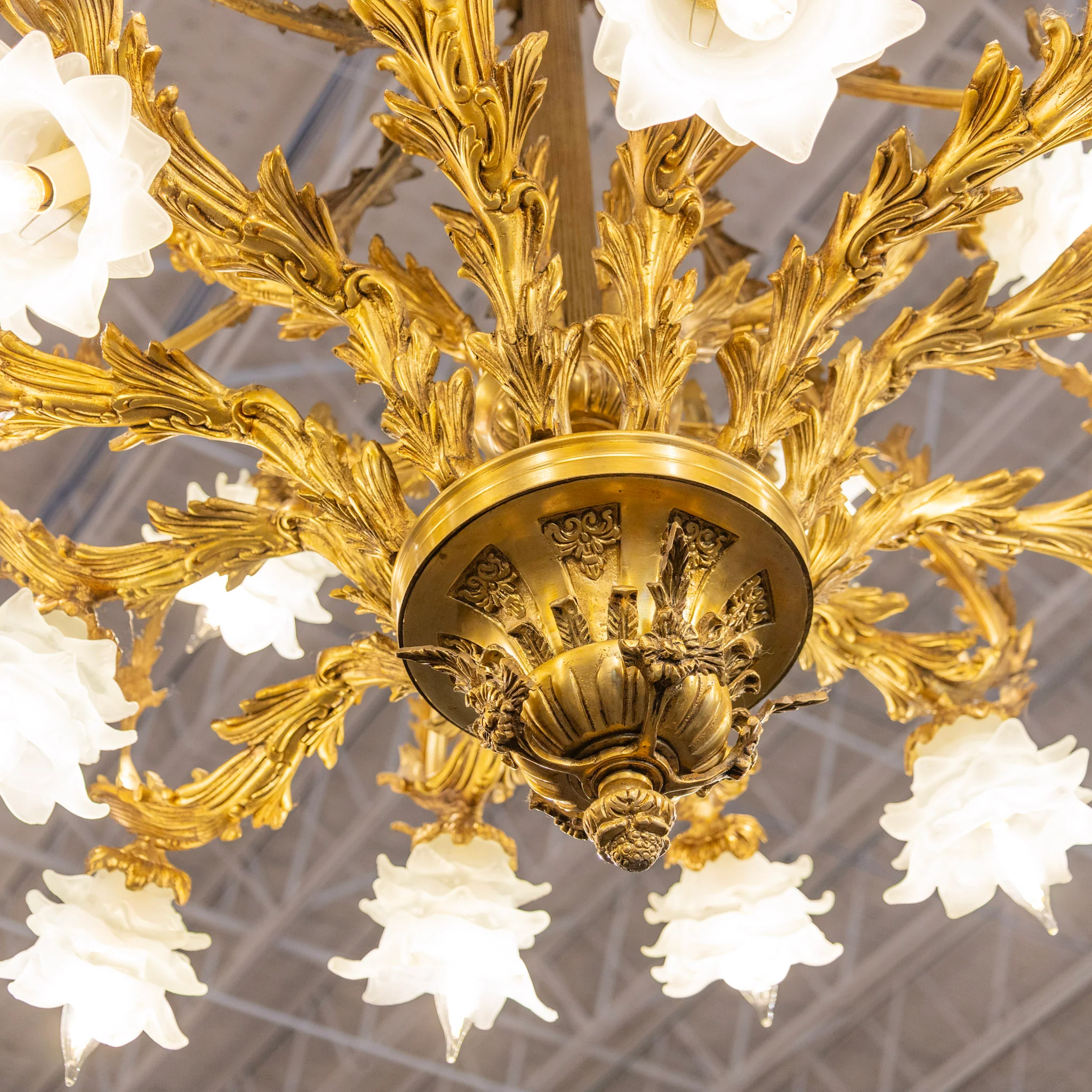 French Brass Cage Chandelier – Floral Glass Shades & Ornate Leaf Frame - Image 10