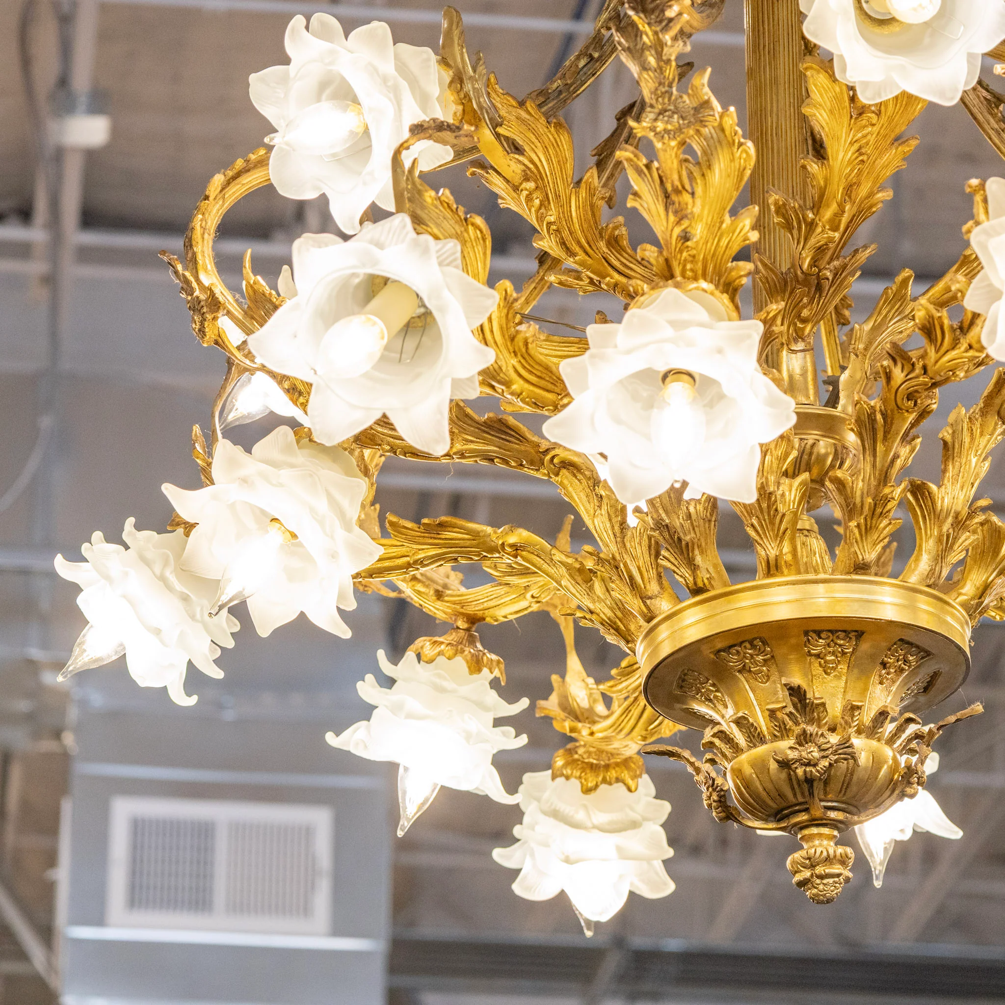 French Brass Cage Chandelier – Floral Glass Shades & Ornate Leaf Frame - Image 3