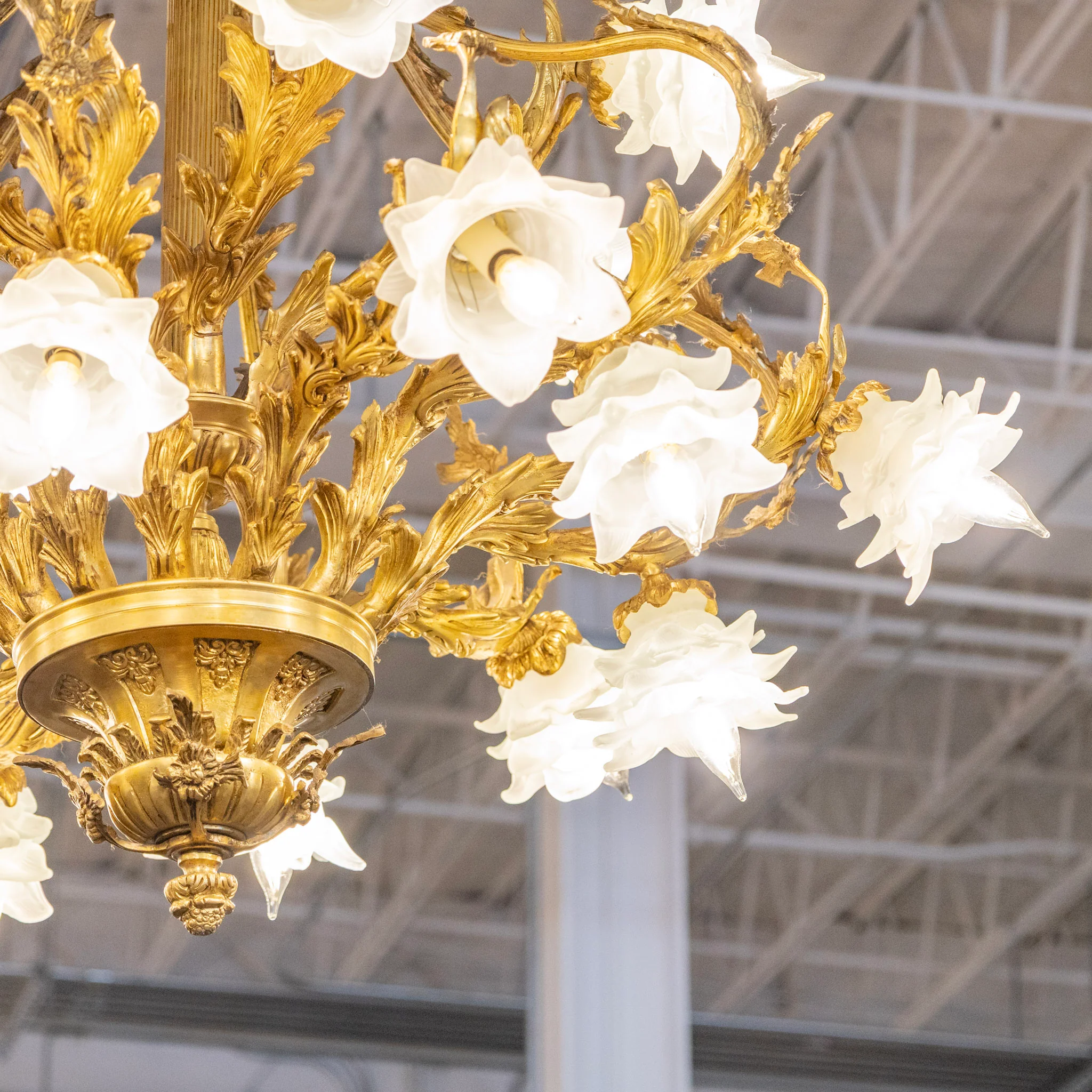 French Brass Cage Chandelier – Floral Glass Shades & Ornate Leaf Frame - Image 4
