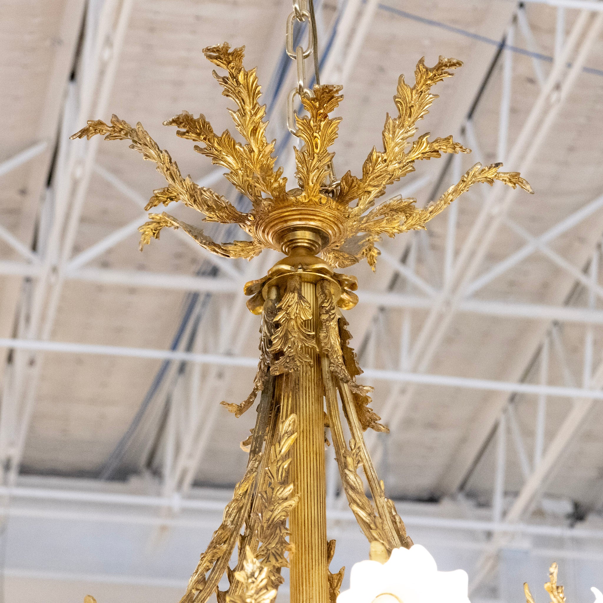 French Brass Cage Chandelier – Floral Glass Shades & Ornate Leaf Frame - Image 5
