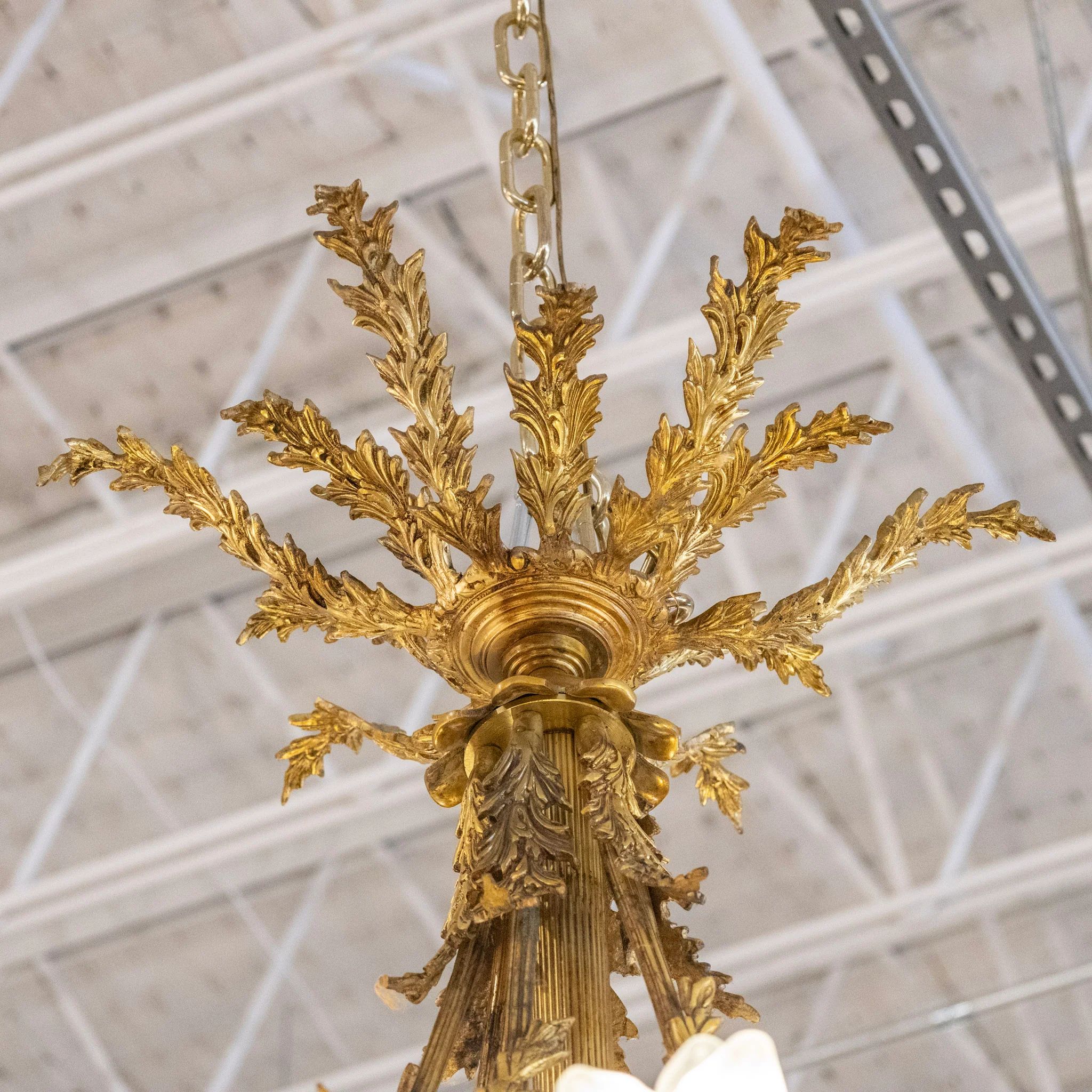 French Brass Cage Chandelier – Floral Glass Shades & Ornate Leaf Frame - Image 6