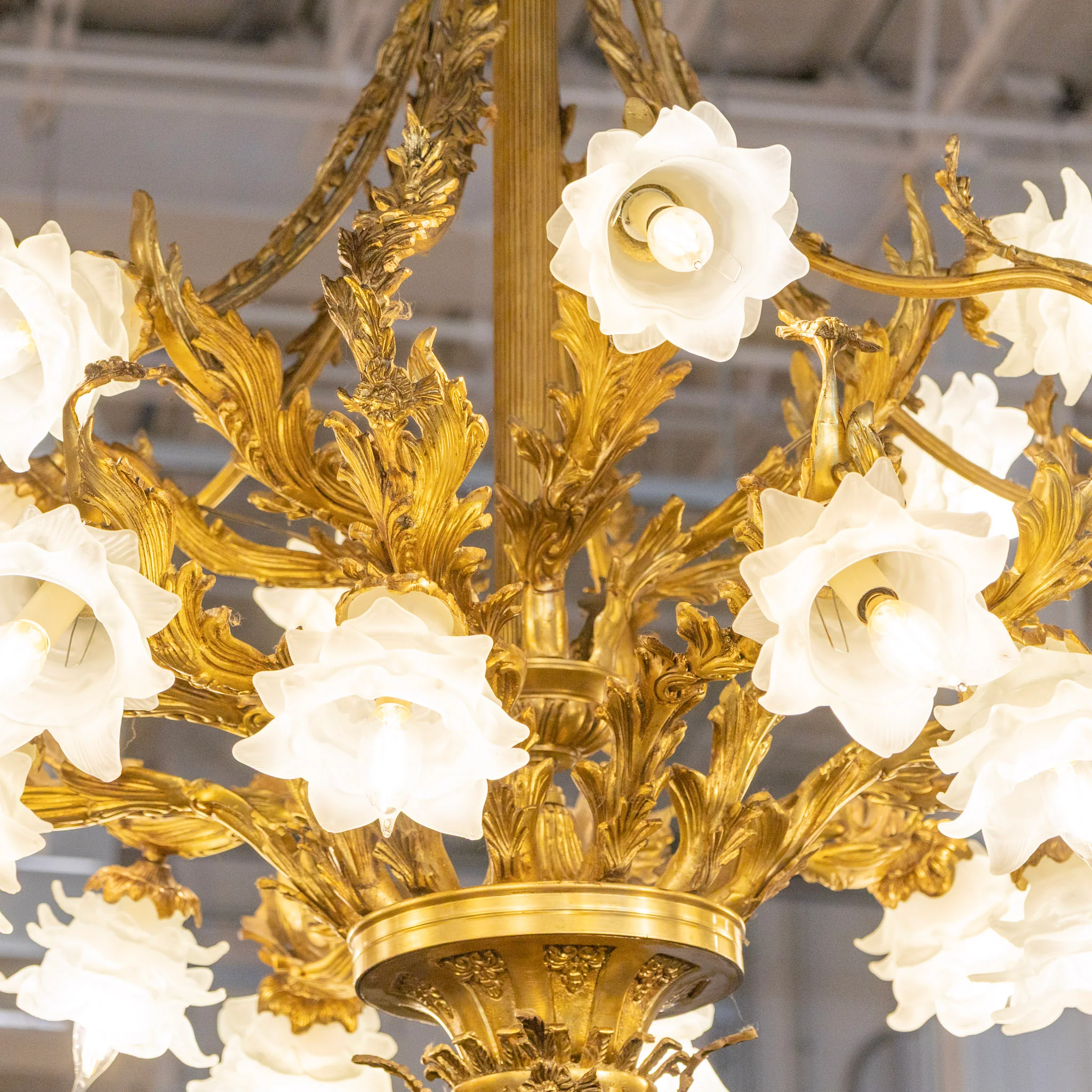 French Brass Cage Chandelier – Floral Glass Shades & Ornate Leaf Frame - Image 7