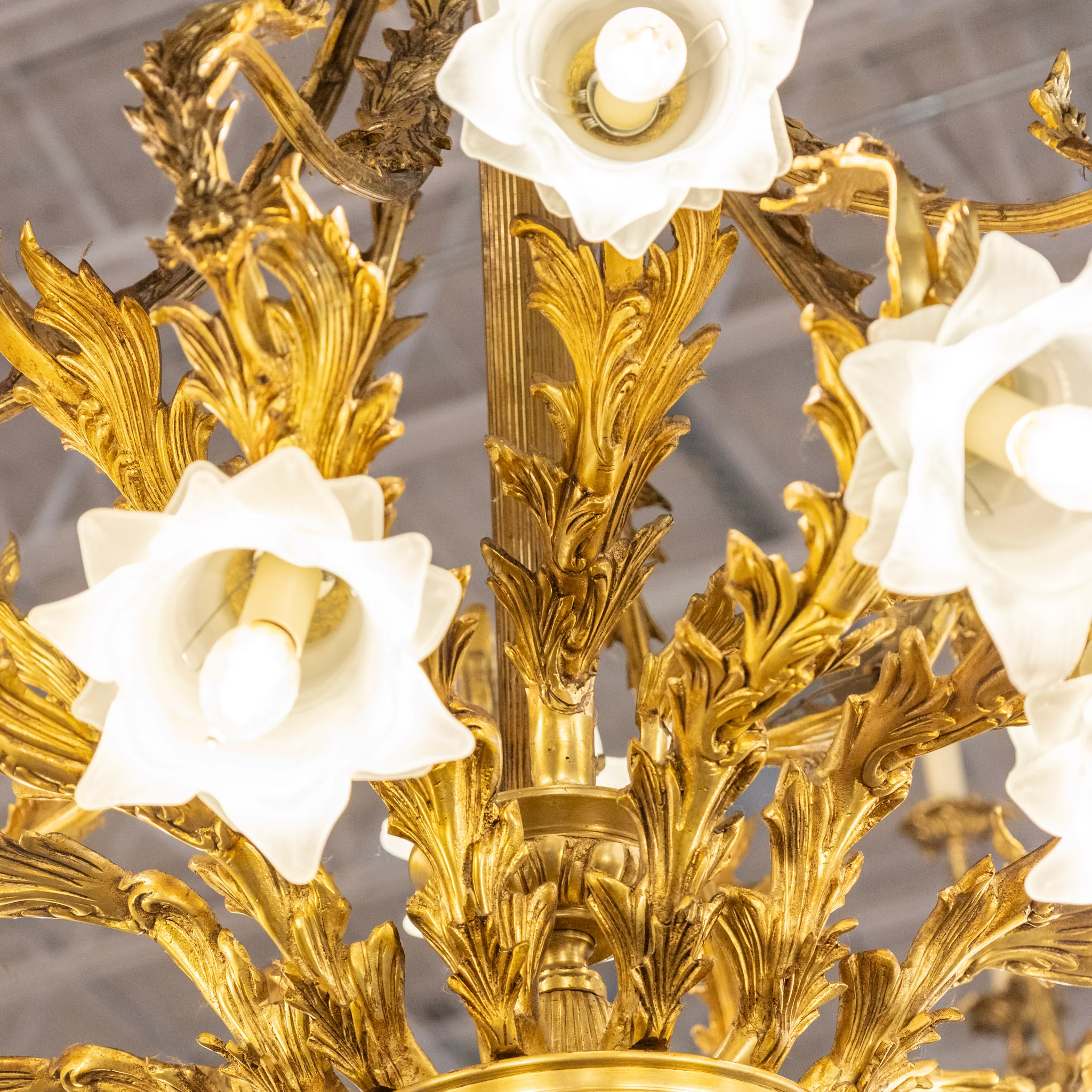 French Brass Cage Chandelier – Floral Glass Shades & Ornate Leaf Frame - Image 8