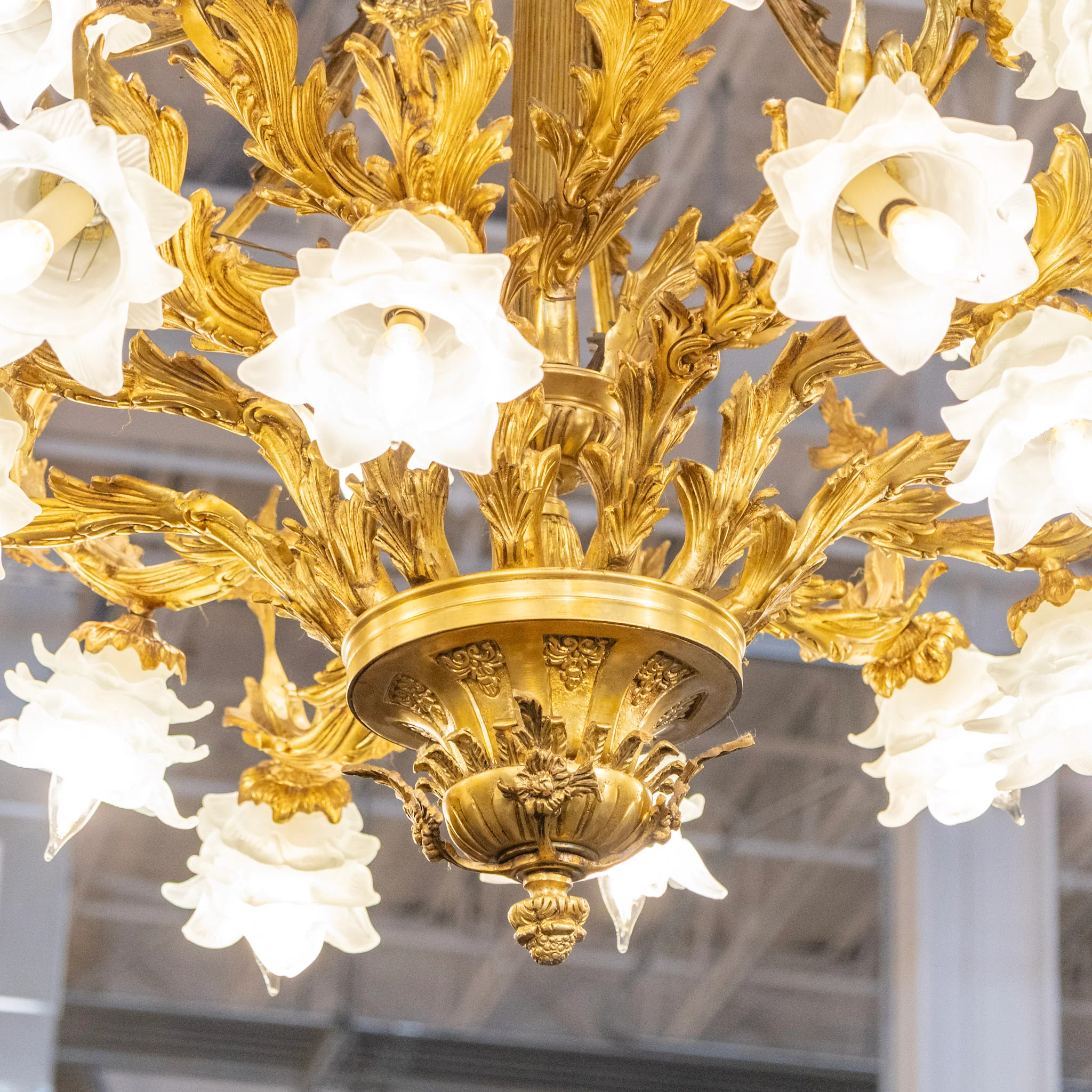 French Brass Cage Chandelier – Floral Glass Shades & Ornate Leaf Frame - Image 9