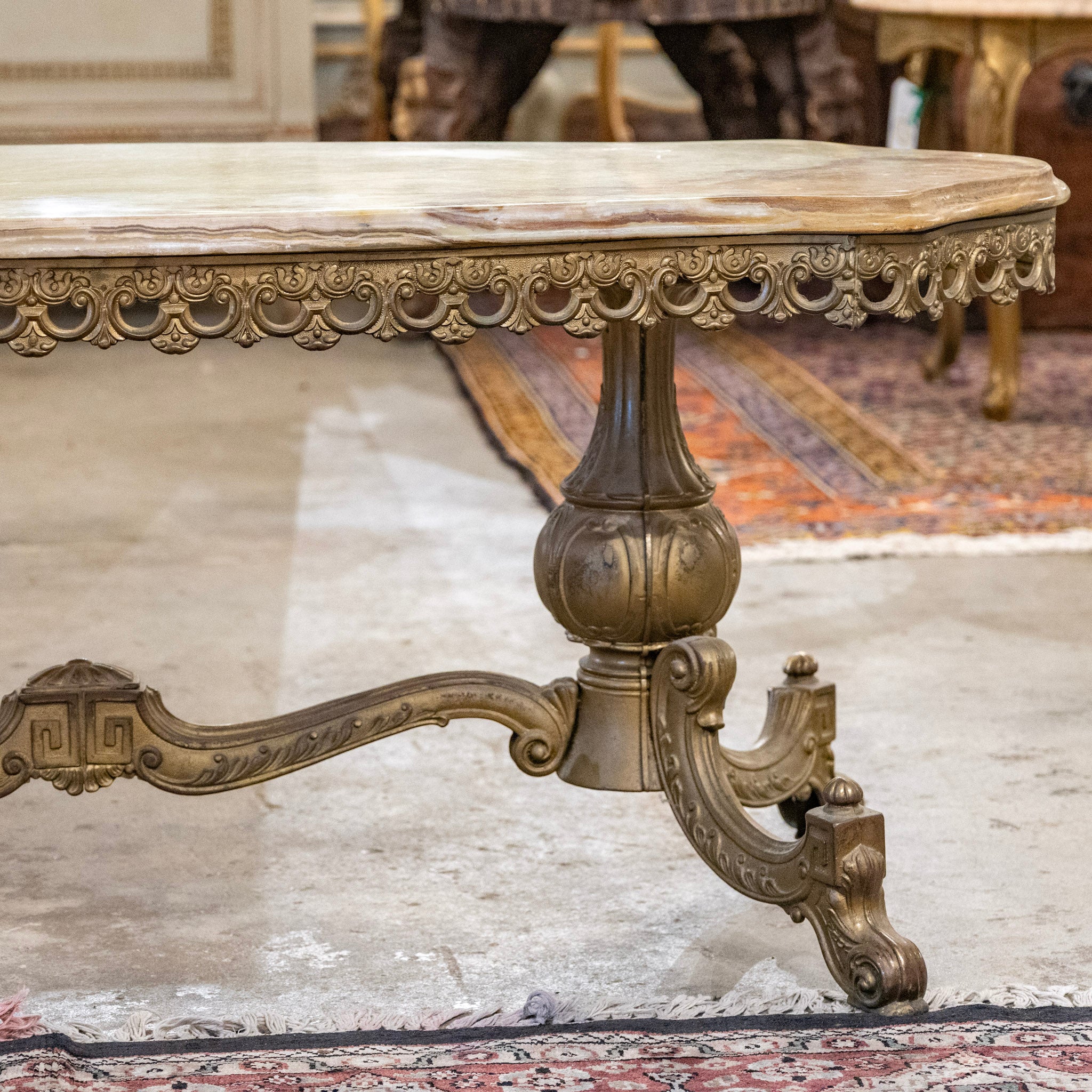 French Brass Coffee Table with Scalloped Trim – Green Onyx Top - Image 3