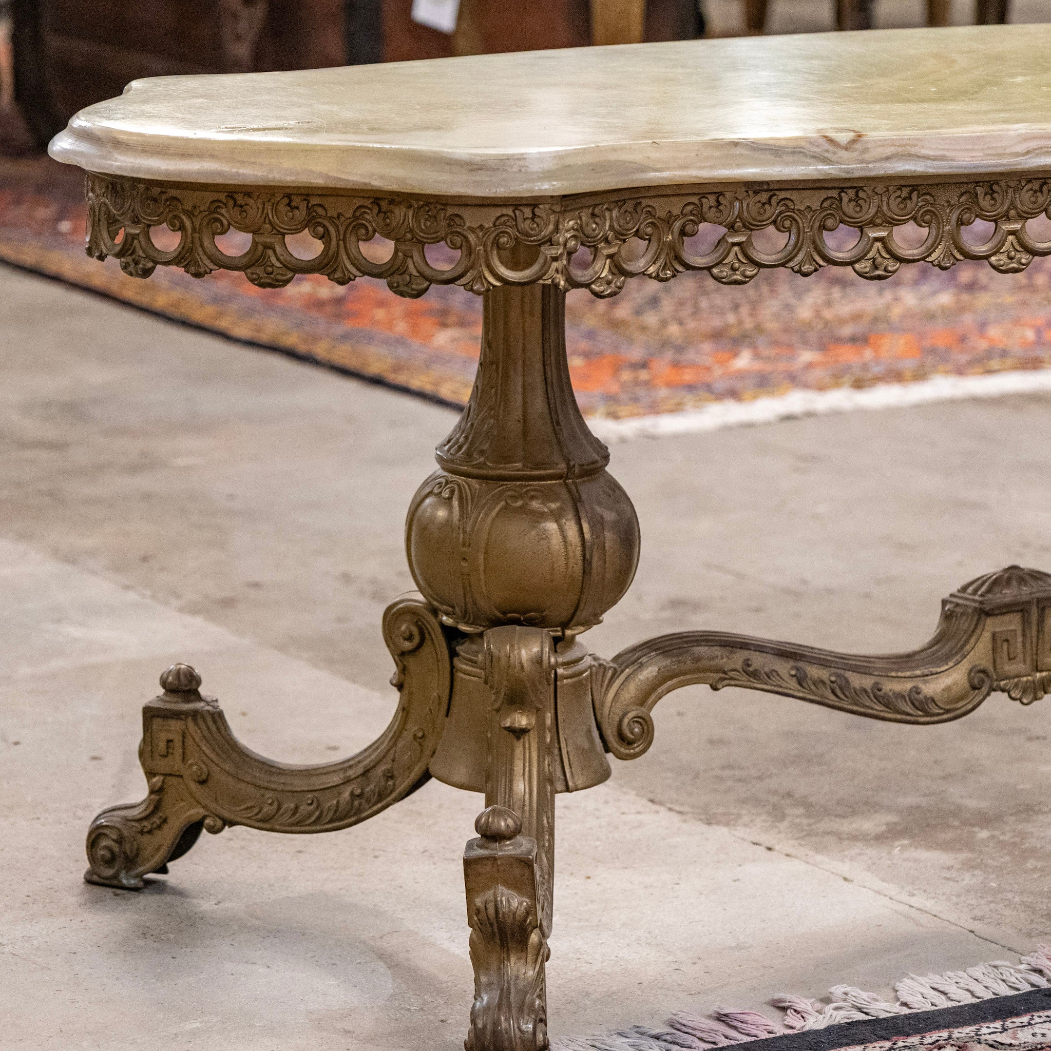 French Brass Coffee Table with Scalloped Trim – Green Onyx Top - Image 4