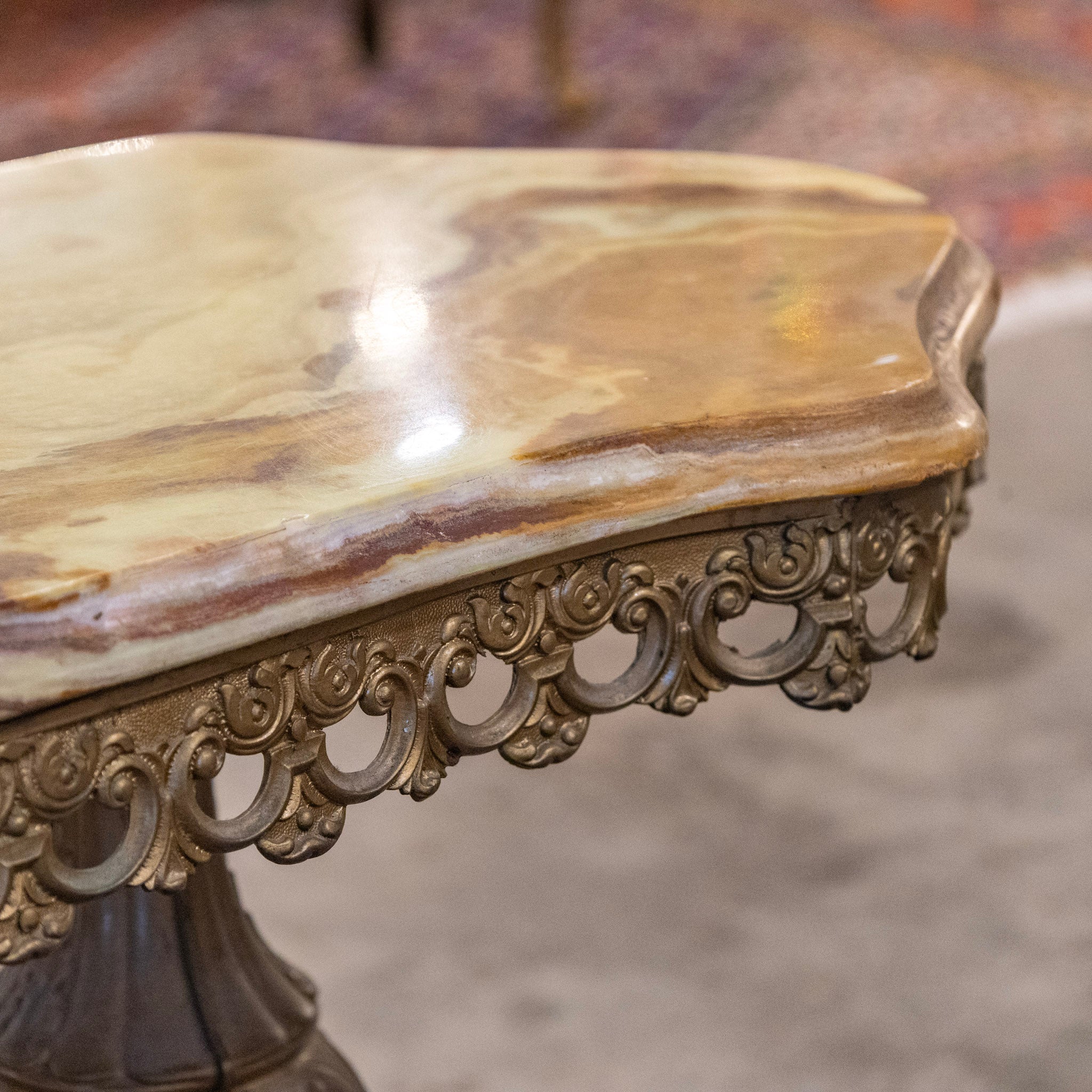 French Brass Coffee Table with Scalloped Trim – Green Onyx Top - Image 5