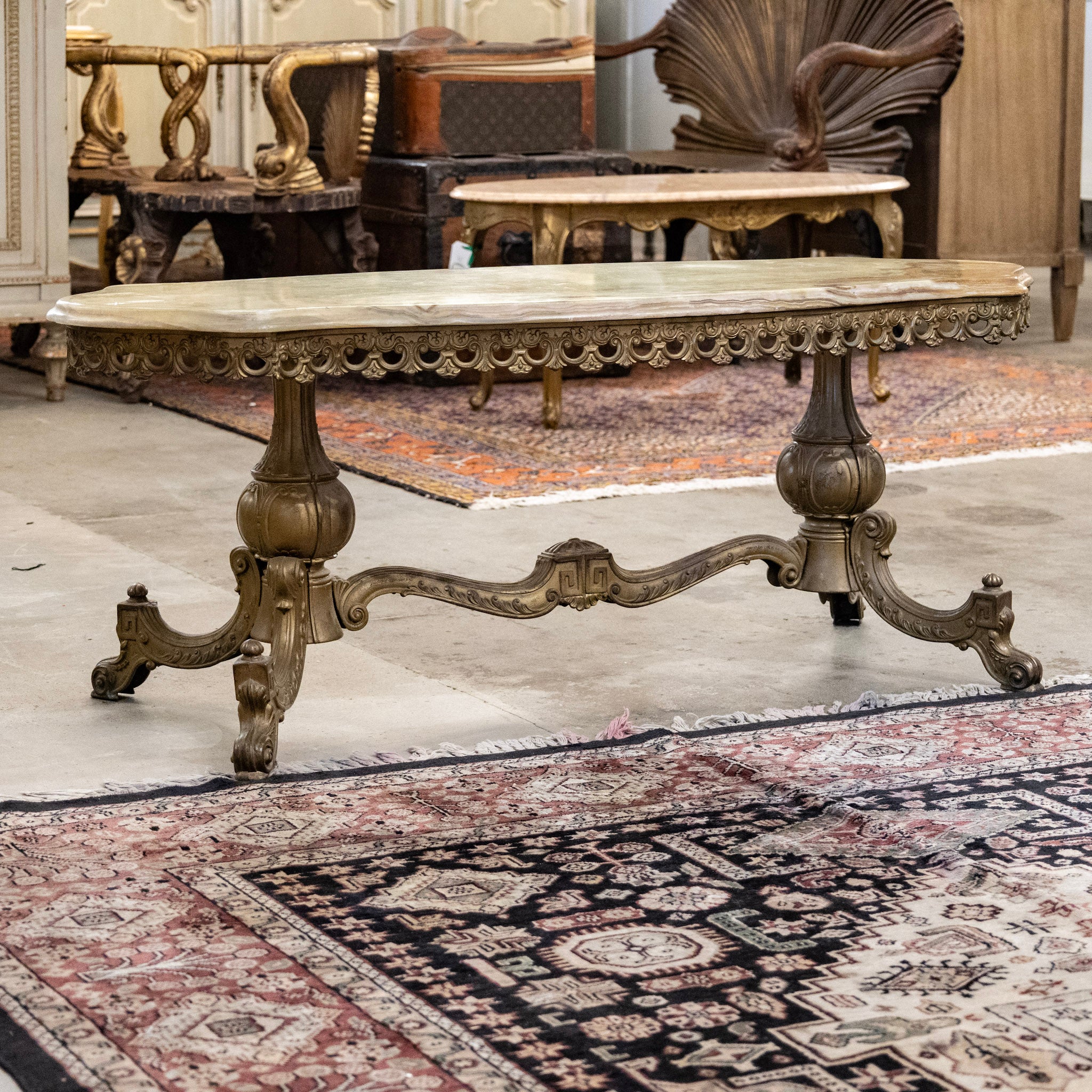 French Brass Coffee Table with Scalloped Trim – Green Onyx Top - Image 6