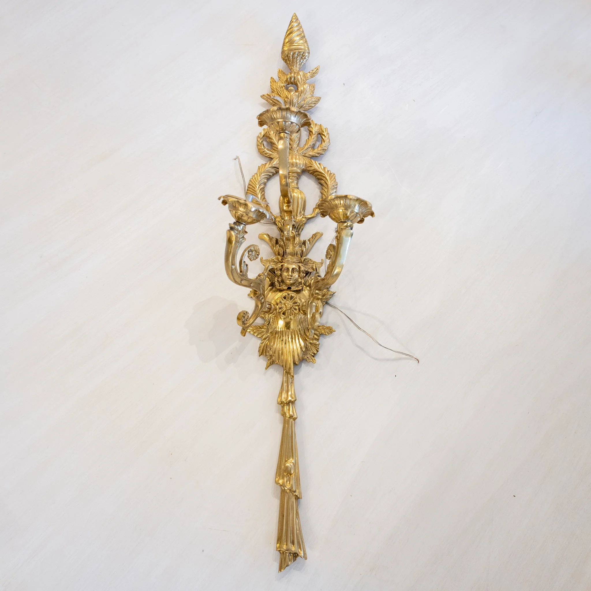 French Brass Large Wall Sconce - Scroll Arms & Empire Frame